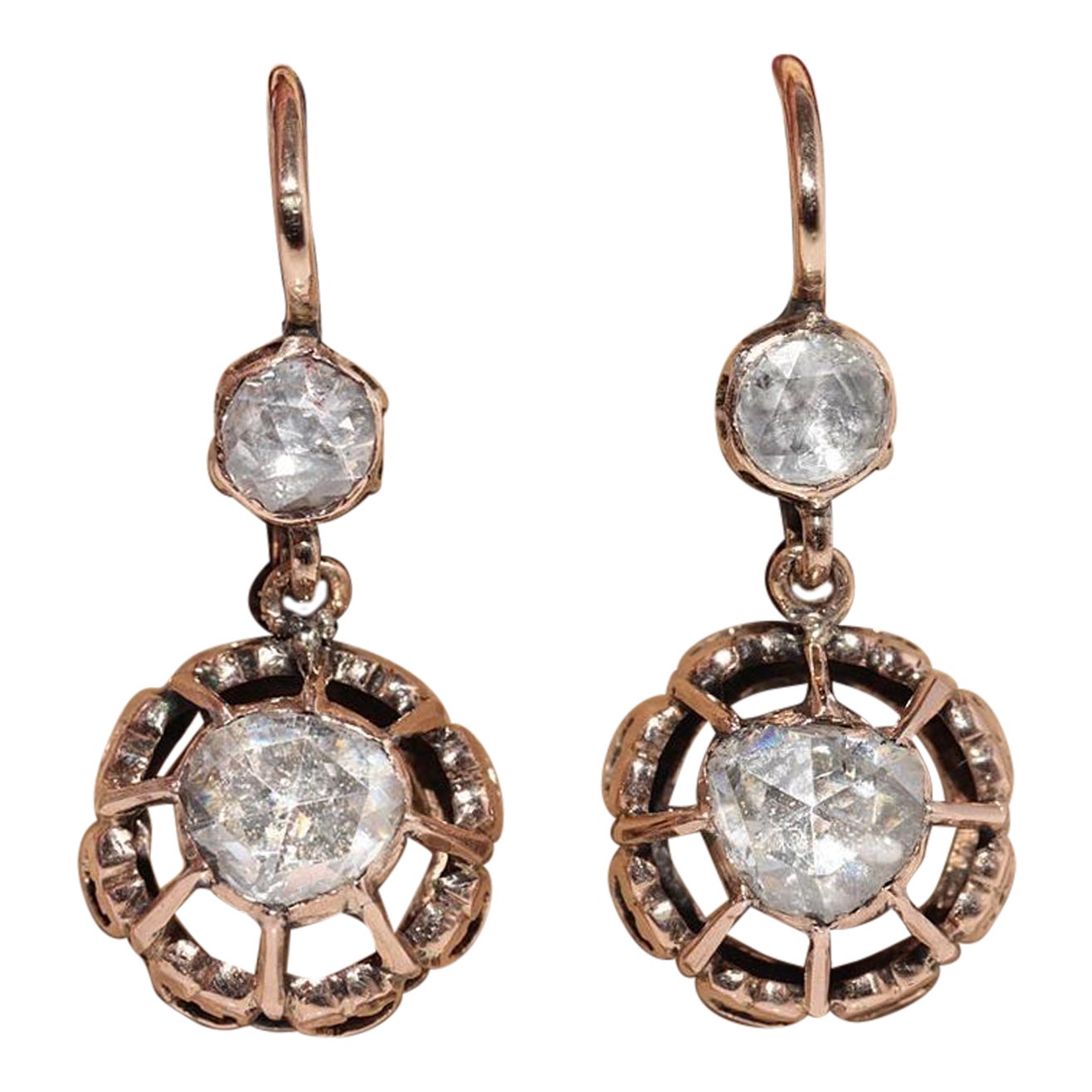 Vintage Circa 1960s Oro de 9 quilates Diamante natural talla rosa Solitario Pendiente de gota