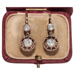 Vintage Circa 1960s 9k Gold Natural Rose Cut Diamond Solitaire Drop Earring