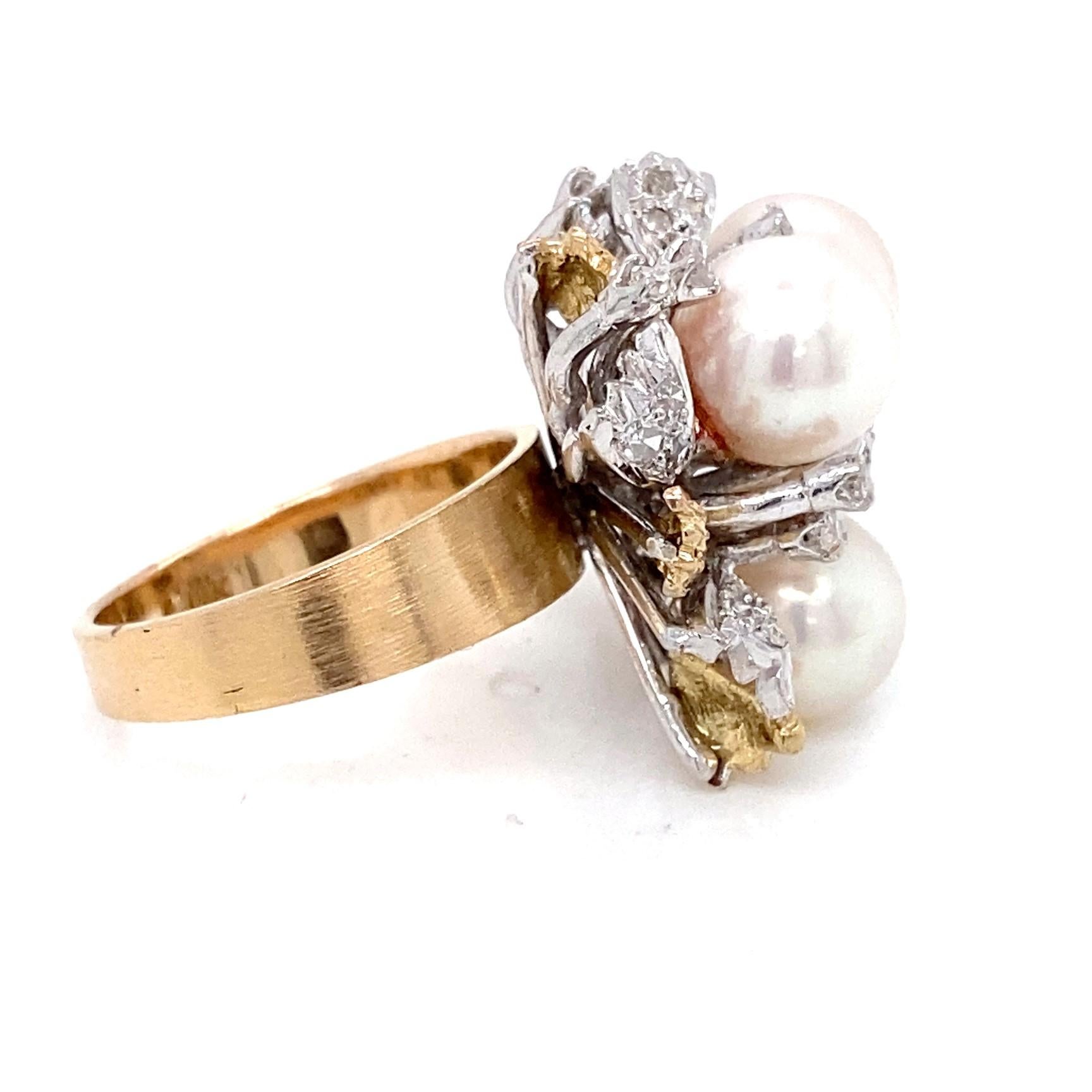 Retro Vintage Circa 1960s Akoya Pearl and Diamond 18 Karat Two Tone Gold Cocktail Ring For Sale