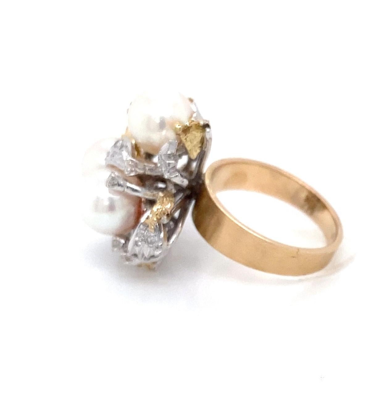 Single Cut Vintage Circa 1960s Akoya Pearl and Diamond 18 Karat Two Tone Gold Cocktail Ring For Sale
