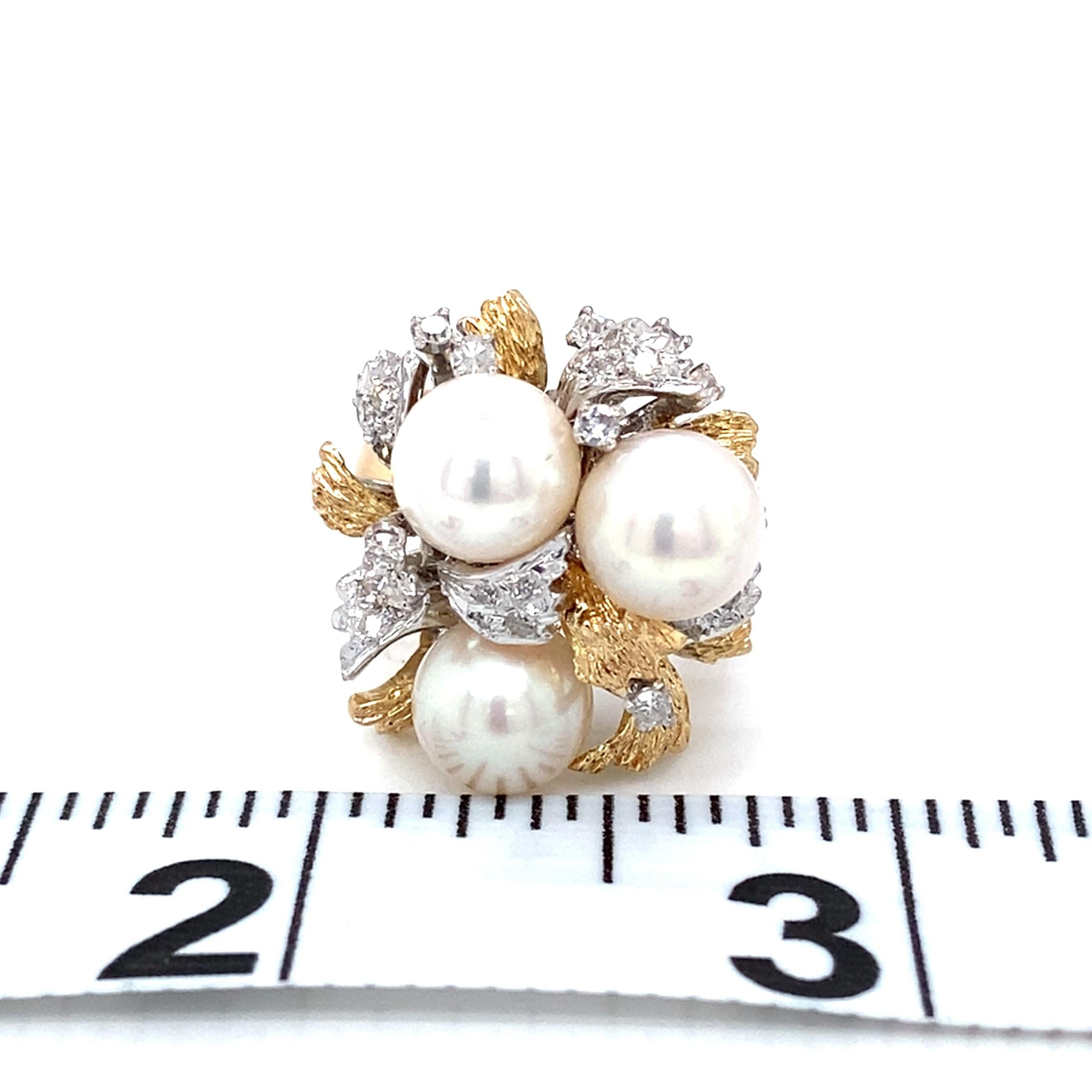 Women's or Men's Vintage Circa 1960s Akoya Pearl and Diamond 18 Karat Two Tone Gold Cocktail Ring For Sale