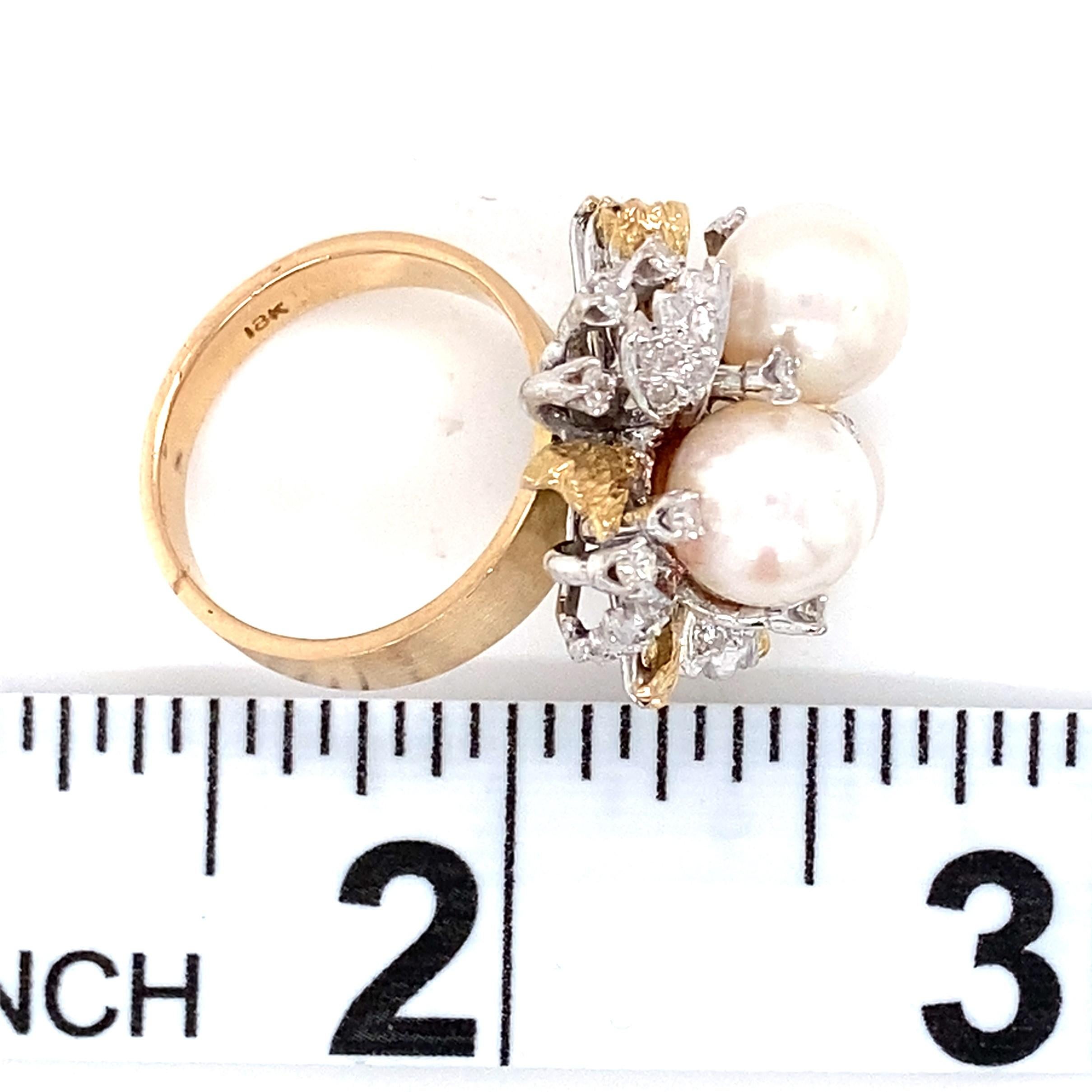 Vintage Circa 1960s Akoya Pearl and Diamond 18 Karat Two Tone Gold Cocktail Ring For Sale 1