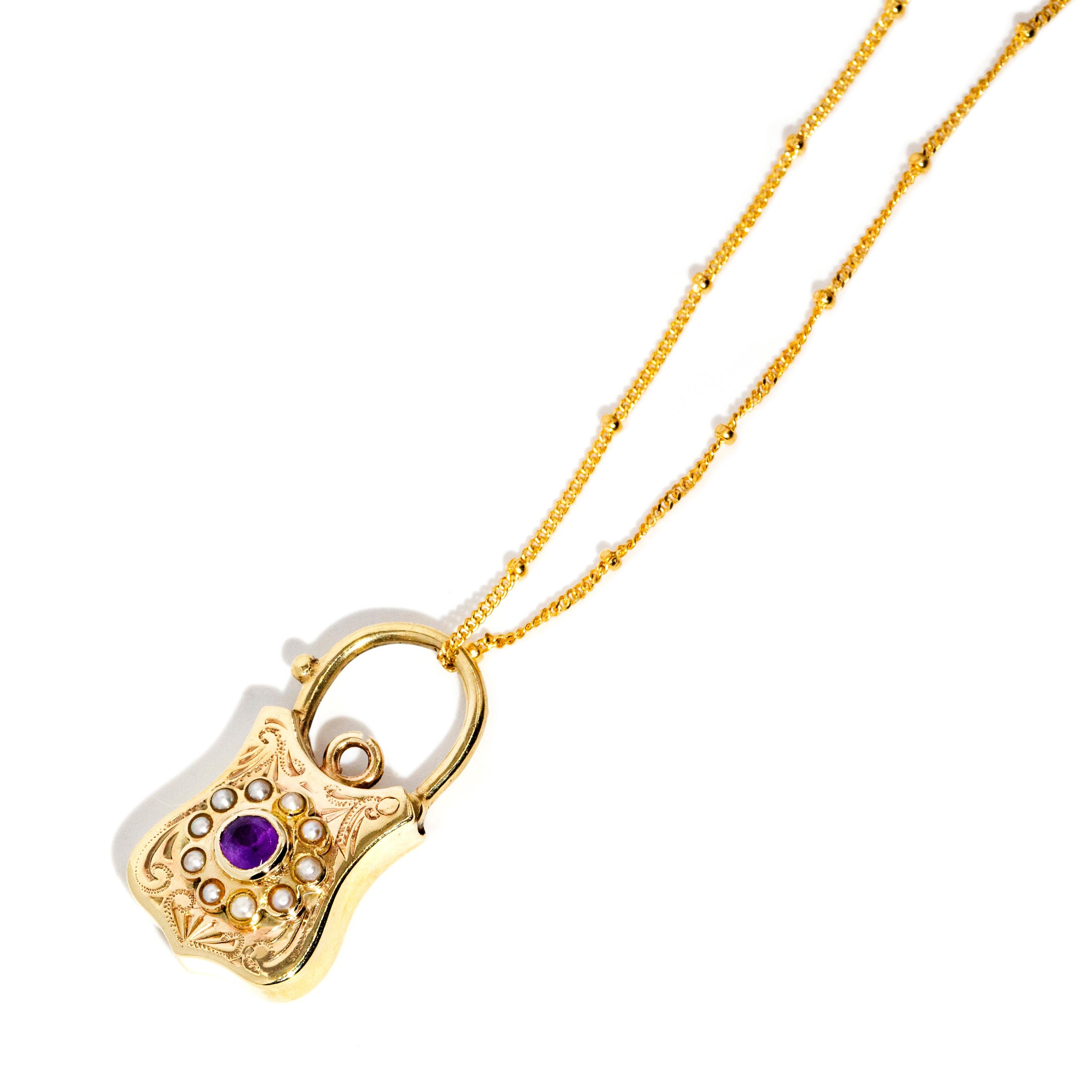 Modern Vintage Circa 1960s Amethyst & Seed Pearl Padlock Pendant & Chain 9 Carat Gold For Sale