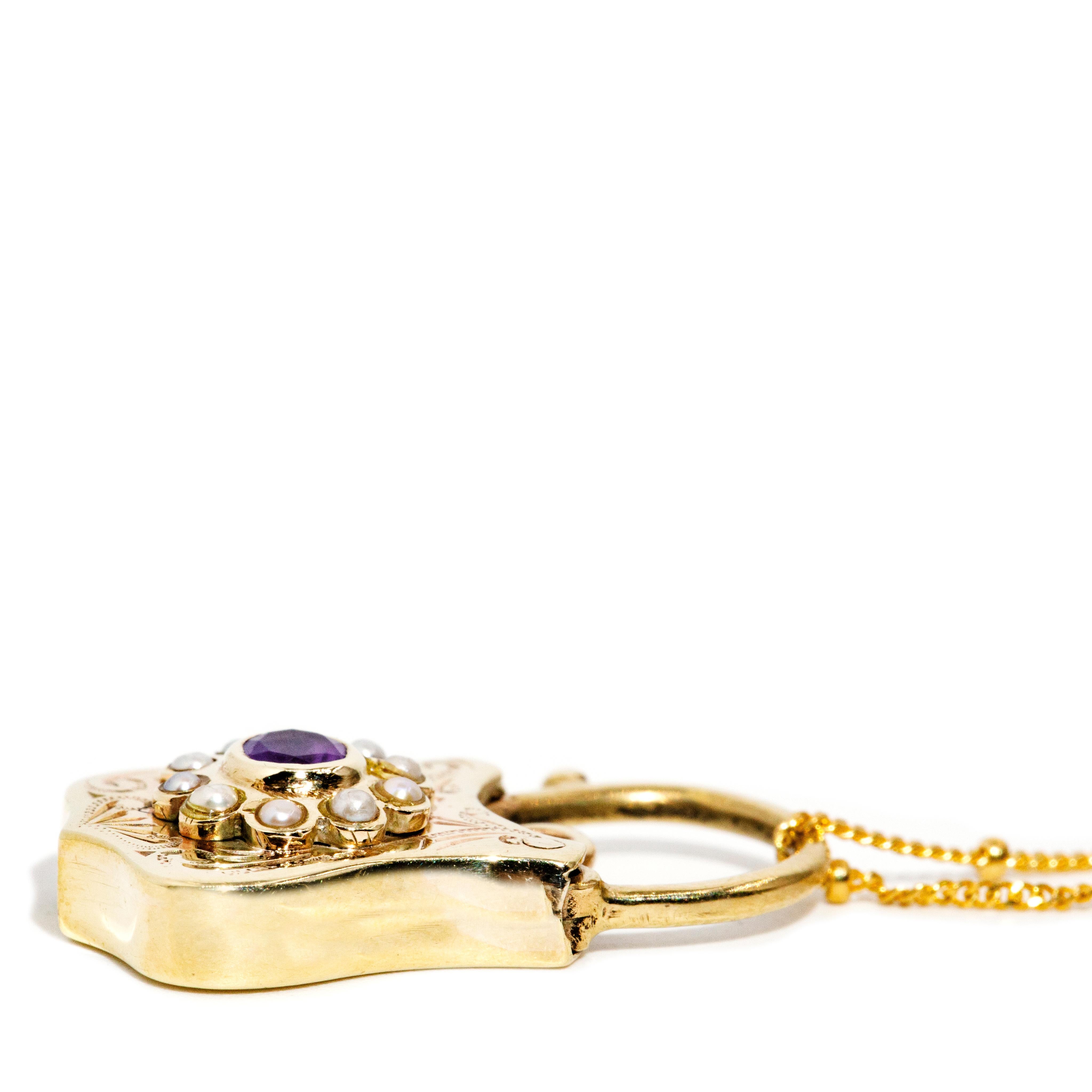 Round Cut Vintage Circa 1960s Amethyst & Seed Pearl Padlock Pendant & Chain 9 Carat Gold For Sale
