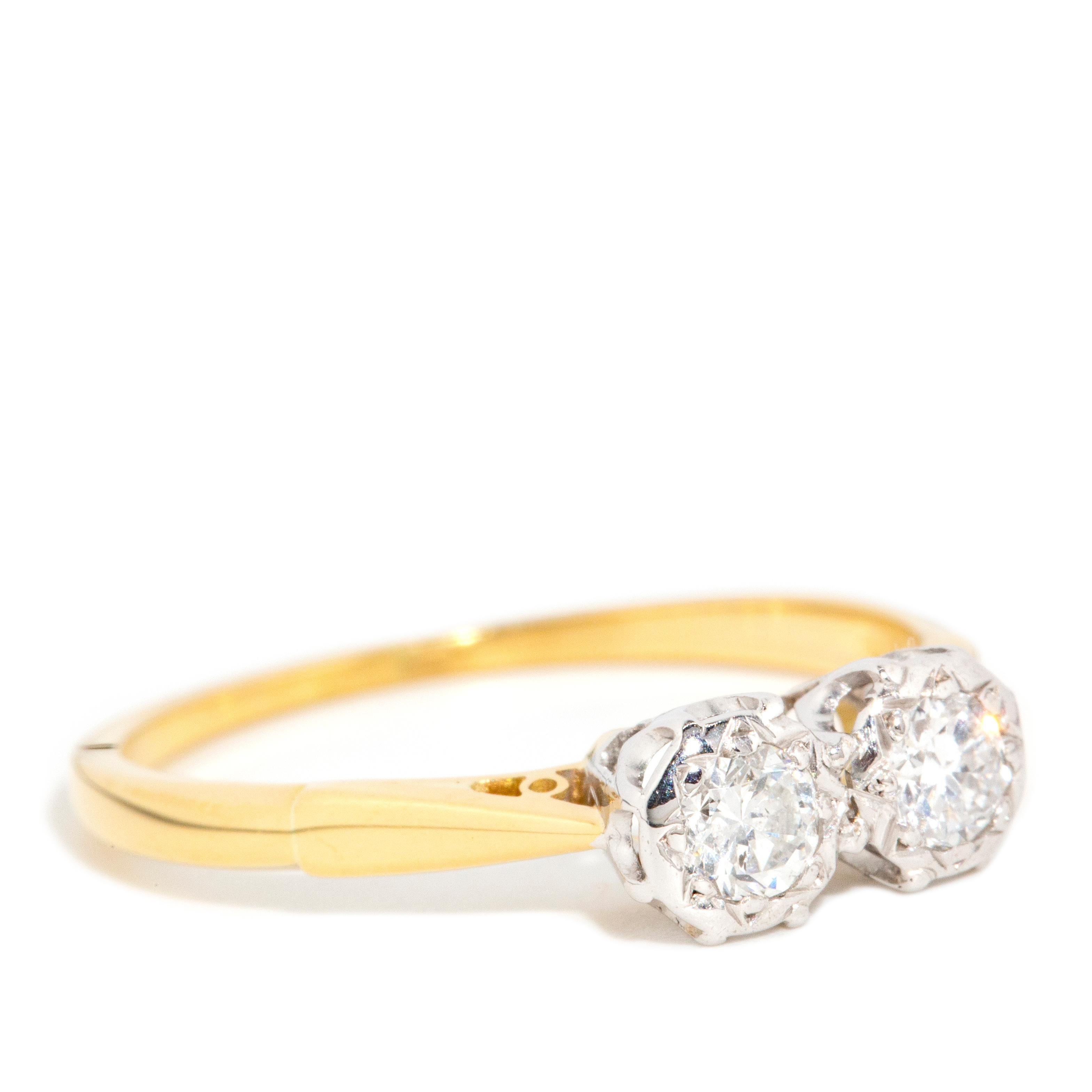 Modern Vintage Circa 1960s Brilliant Diamond Duo Engagement Ring 18 Carat Yellow Gold For Sale