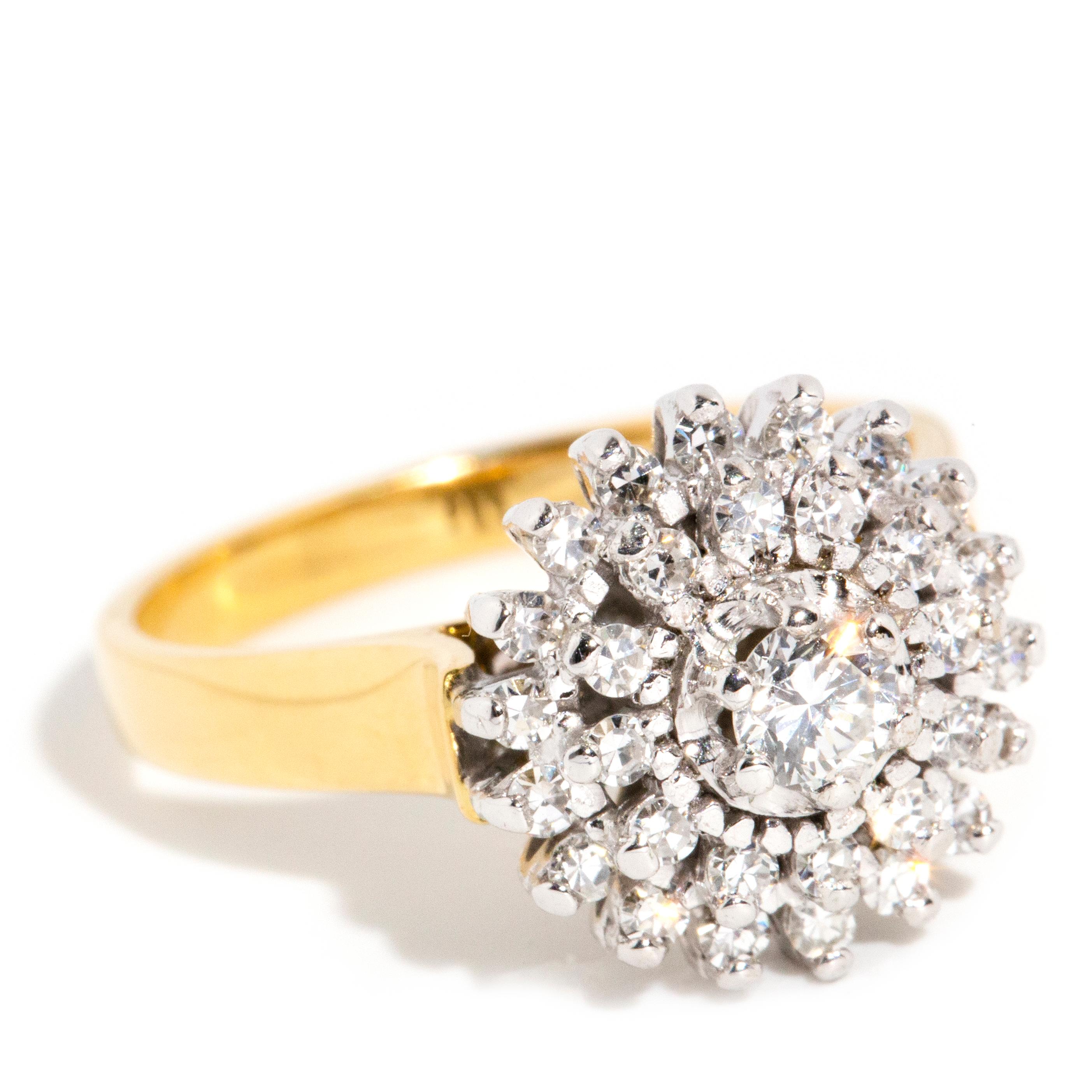 Vintage Circa 1960s Diamond Starburst Halo Cluster Ring 18 Carat Yellow Gold In Good Condition In Hamilton, AU