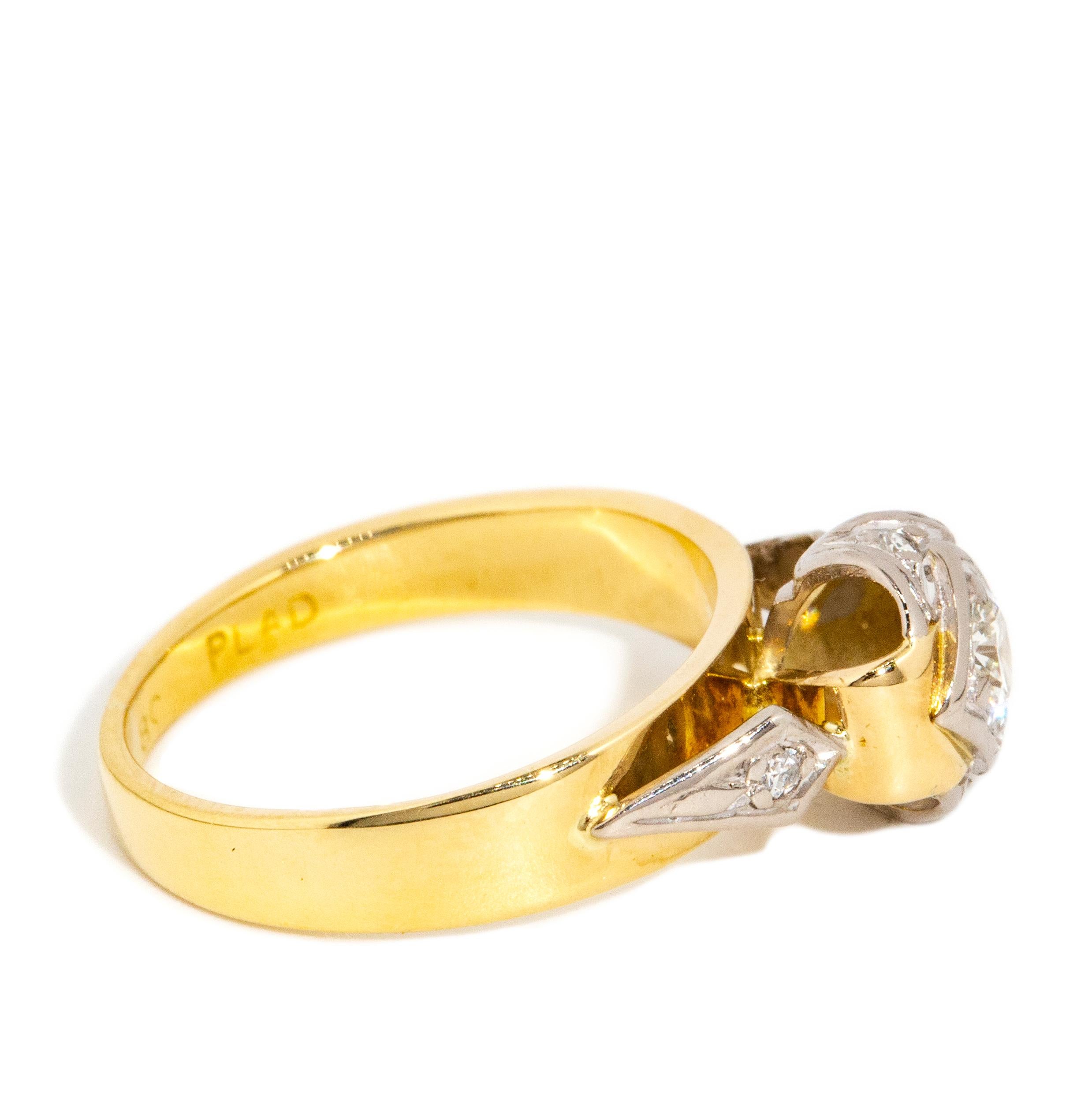 Round Cut Vintage Circa 1960s Diamond Three Stone Ring 18 Carat Yellow & White Gold For Sale