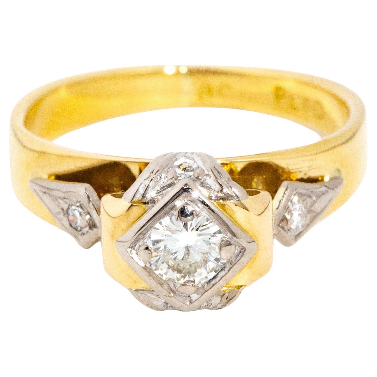 Vintage Circa 1960s Diamond Three Stone Ring 18 Carat Yellow & White Gold For Sale