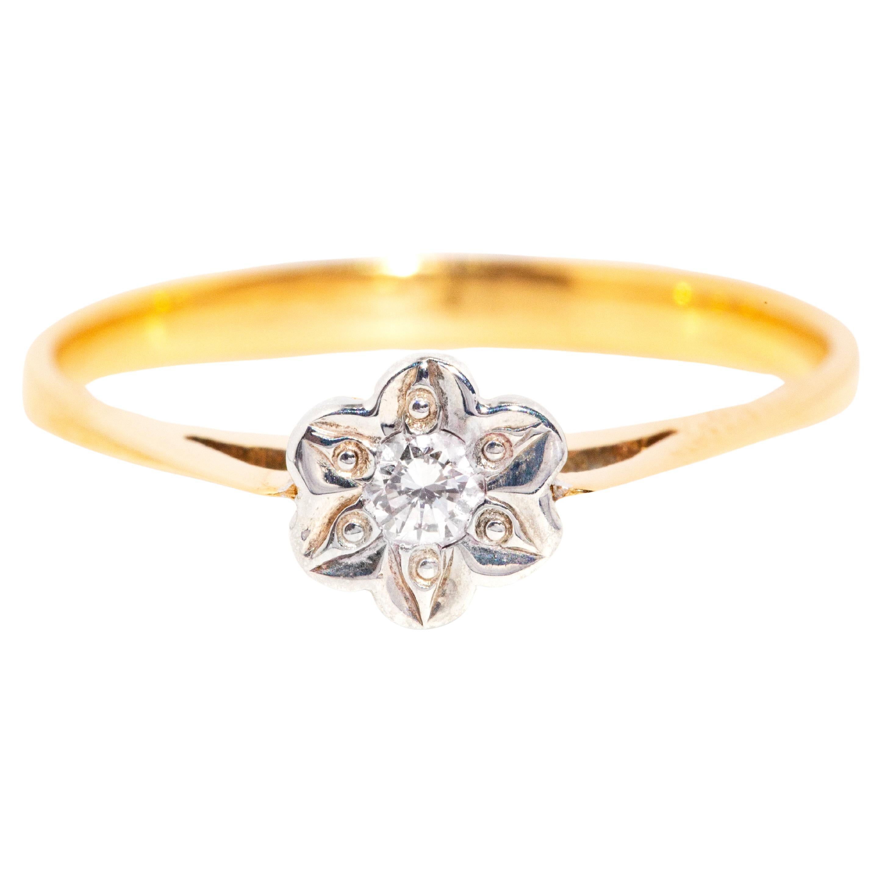 Vintage CIRCA 1960s Diamant Vintage Blume 18 Karat Gelb & Weißgold Ring