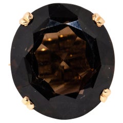 Vintage Circa 1960s Faceted Oval Smoky Quartz Cocktail Ring 14 Carat Yellow Gold