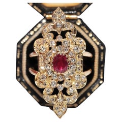 Vintage Circa 1960s Handcrafted 14k Gold Natural Diamond And Ruby Navette Ring
