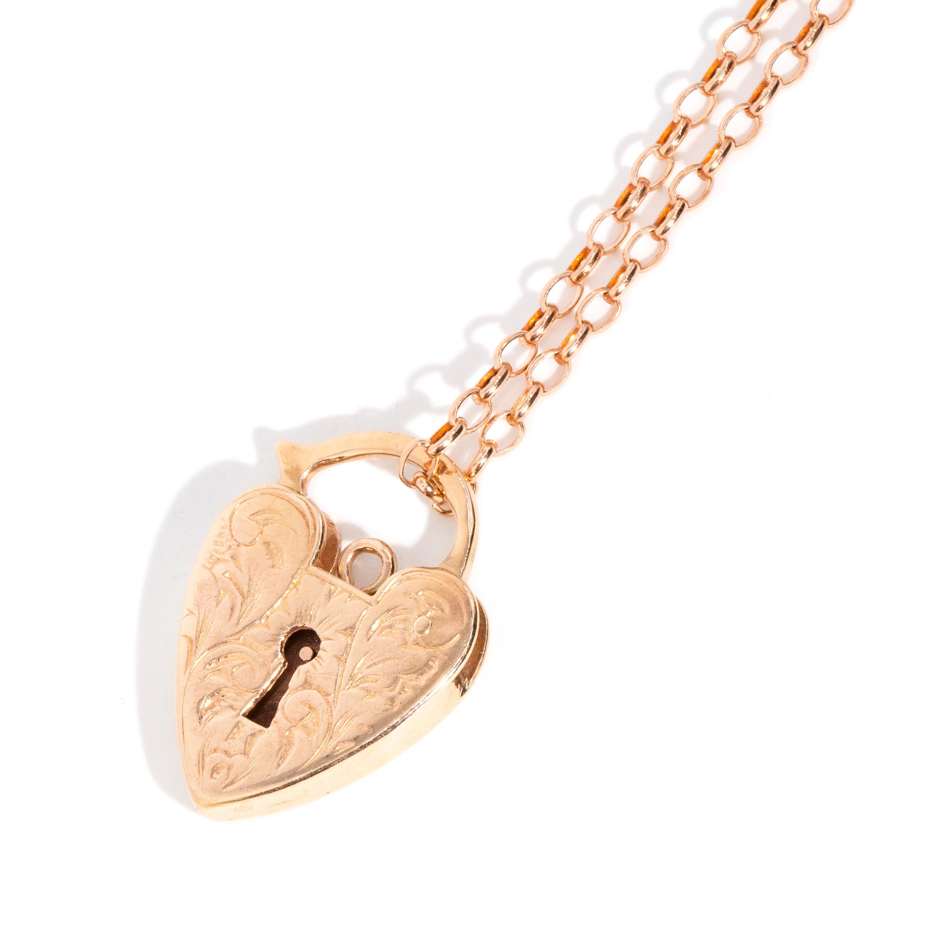Modern Vintage Circa 1960s Heart Shaped Padlock Pendant & Chain 9 Carat Rose Gold For Sale