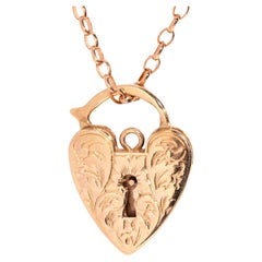 Vintage Circa 1960s Heart Shaped Padlock Pendant & Chain 9 Carat Rose Gold