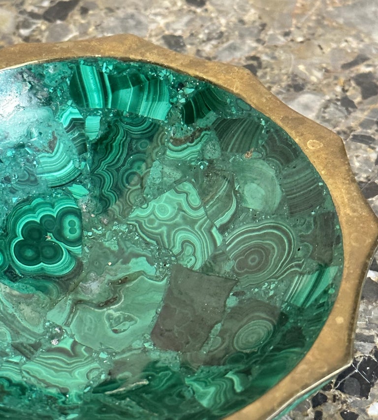 Vintage circa 1960s Malachite Bowl with Silver Metal Trim for Nuts or Keys Etc For Sale at 1stDibs