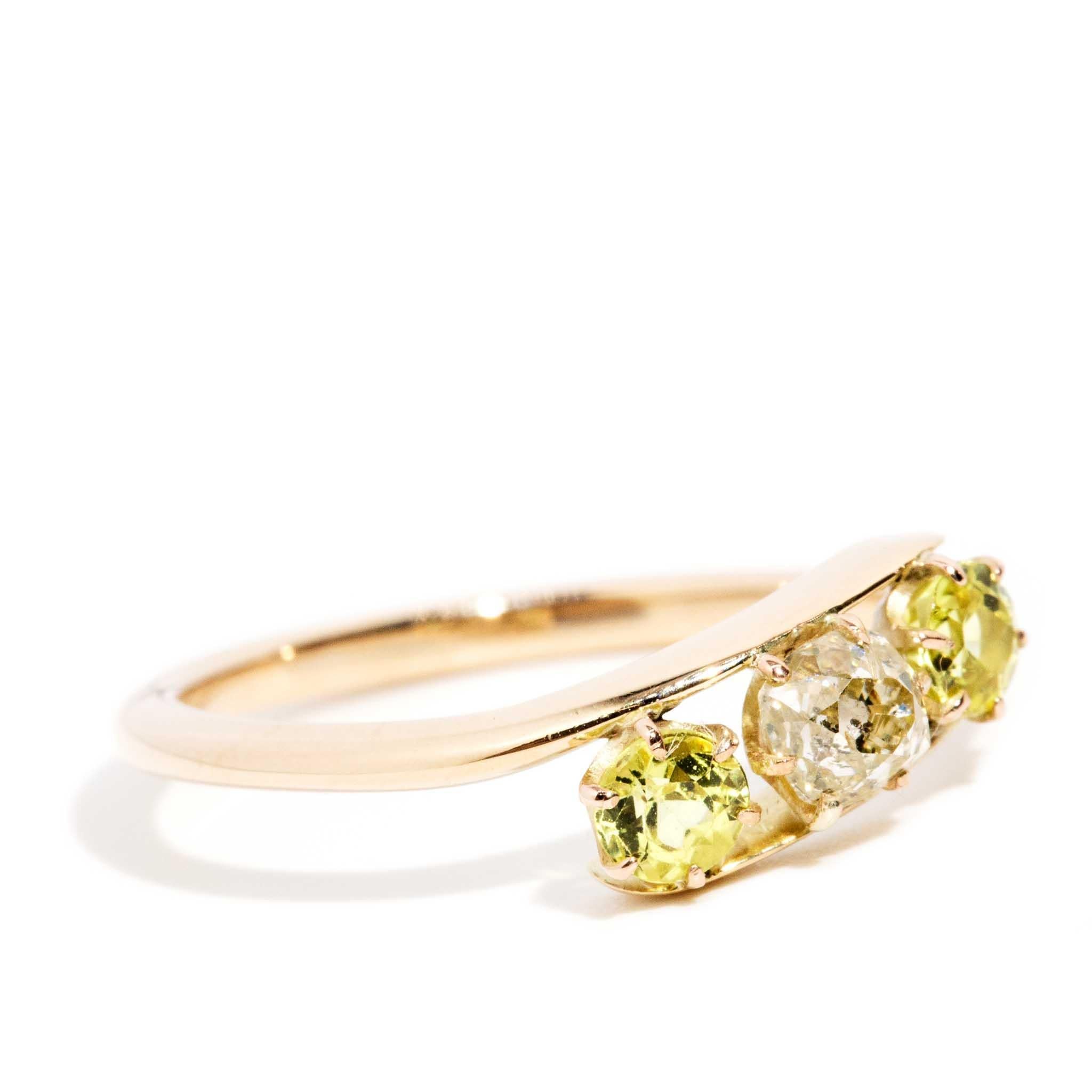 Modern Vintage Circa 1960s Old Mine Cut Diamond Sapphire Ring 14 Carat Yellow Gold For Sale