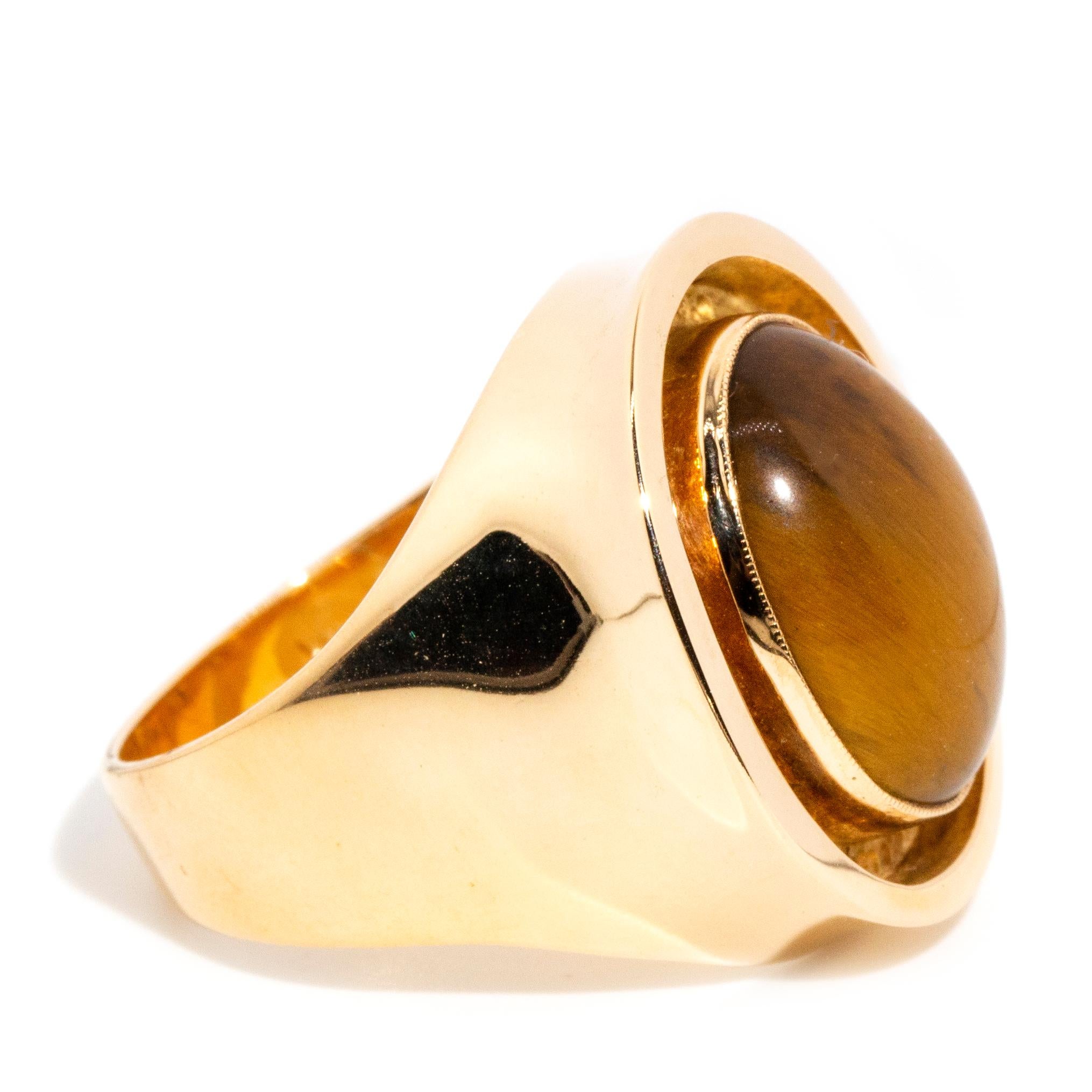 Vintage Circa 1960s Oval Tigers Eye Cabochon Flared Ring 14 Carat Yellow Gold 1