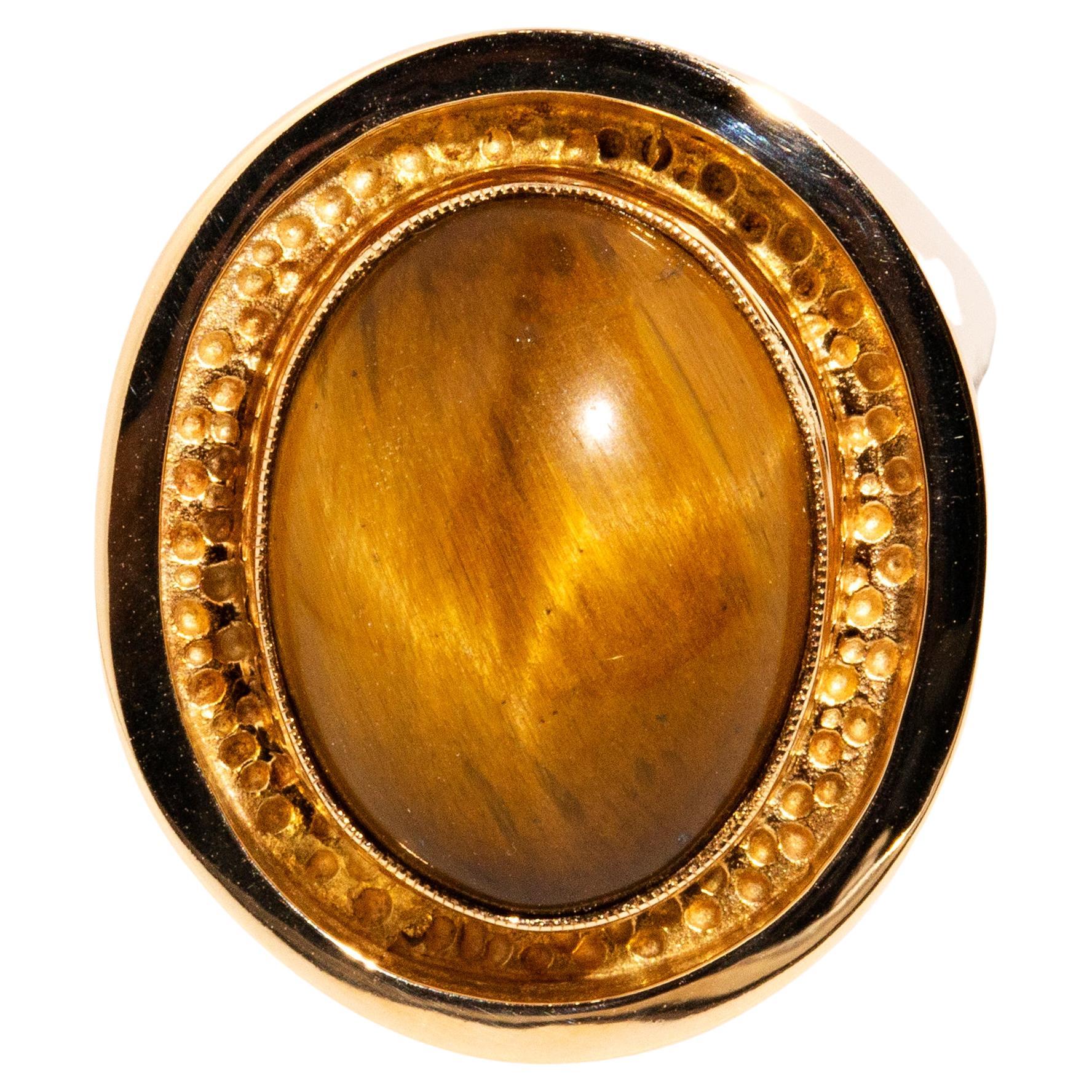 Vintage Circa 1960s Oval Tigers Eye Cabochon Flared Ring 14 Carat Yellow Gold