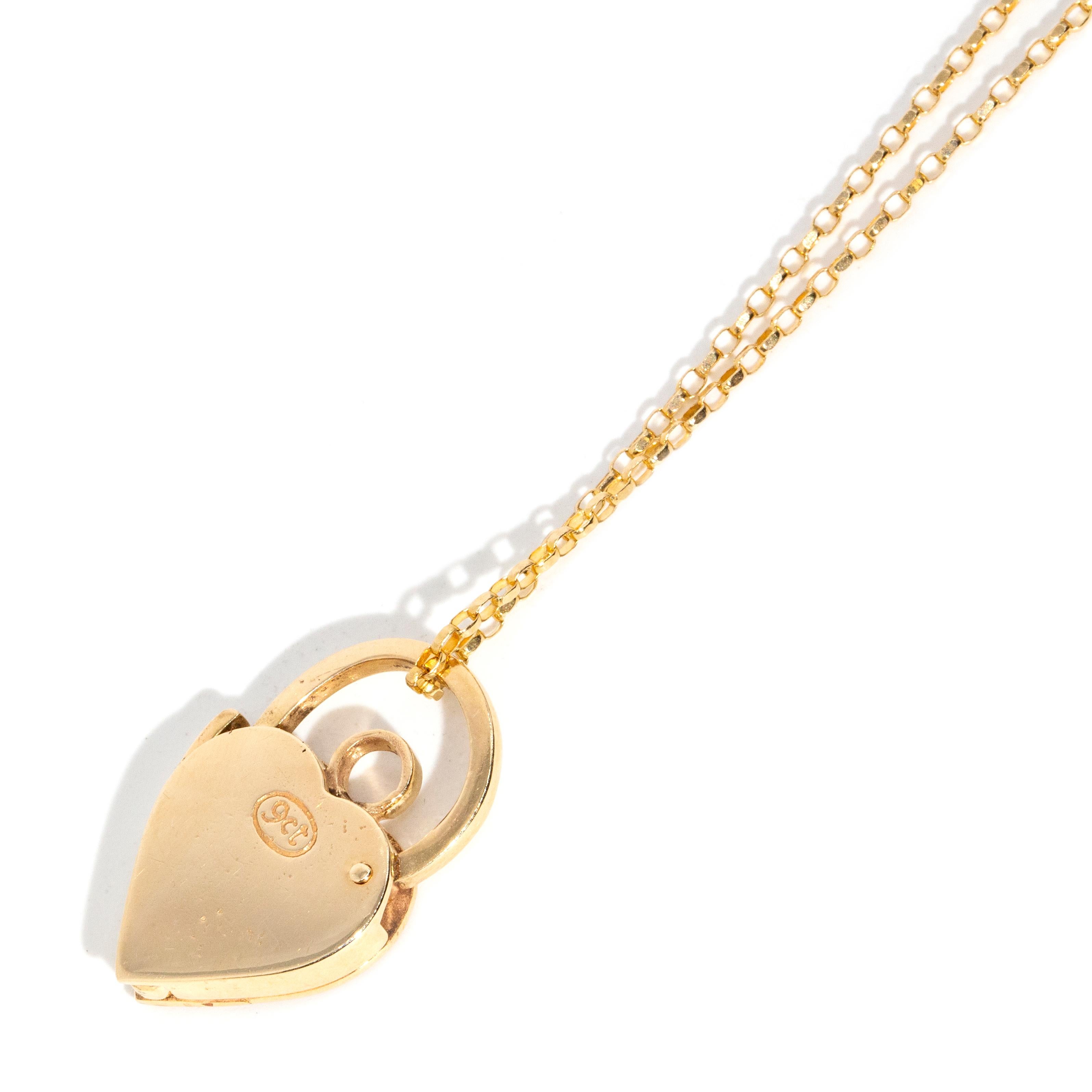 Women's Vintage Circa 1960s Patterned Heart Padlock Pendant & Chain 9 Carat Yellow Gold For Sale