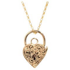 Antique Circa 1960s Patterned Heart Padlock Pendant & Chain 9 Carat Yellow Gold