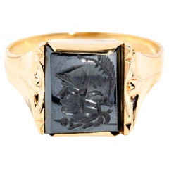 Vintage Circa 1960s Rectangular Hematite Roman Centurion Head Intaglio Ring