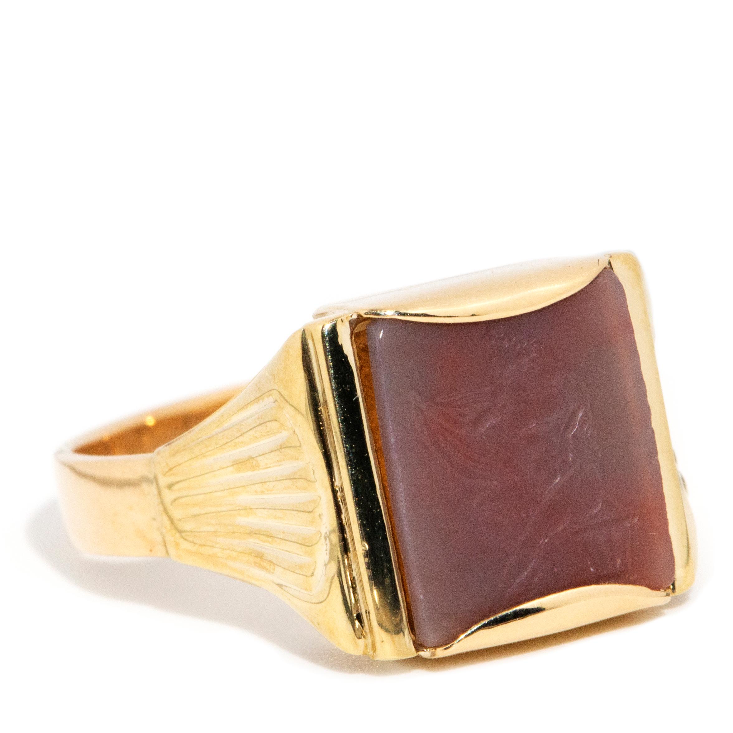 Modern Vintage Circa 1960s Red Carnelian Intaglio Angel Signet Ring 9 Carat Yellow Gold