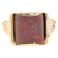 Vintage Circa 1960s Red Carnelian Intaglio Angel Signet Ring 9 Carat Yellow Gold