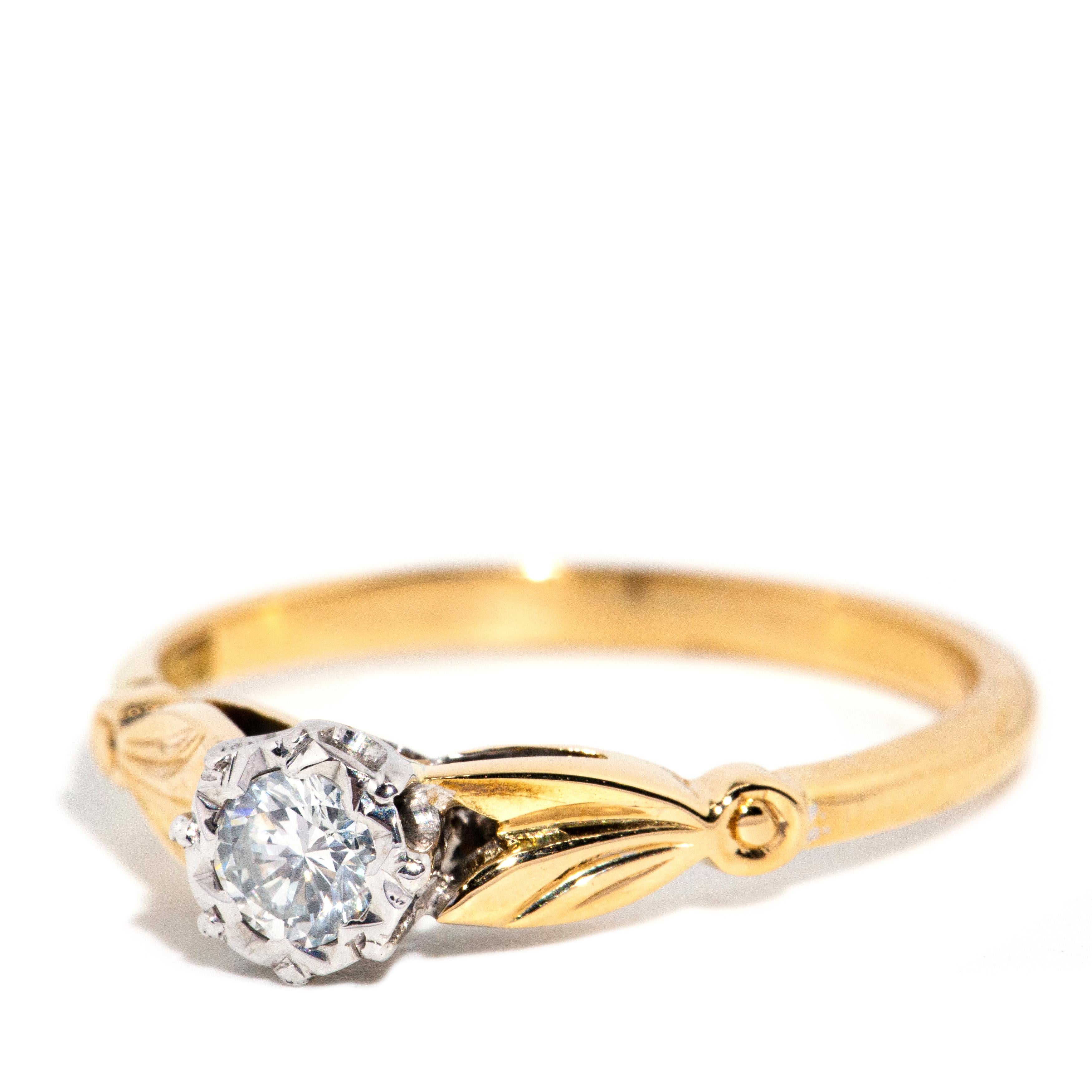 Modern Vintage Circa 1960s Round Brilliant Diamond Solitaire Ring 18 Carat Yellow Gold For Sale