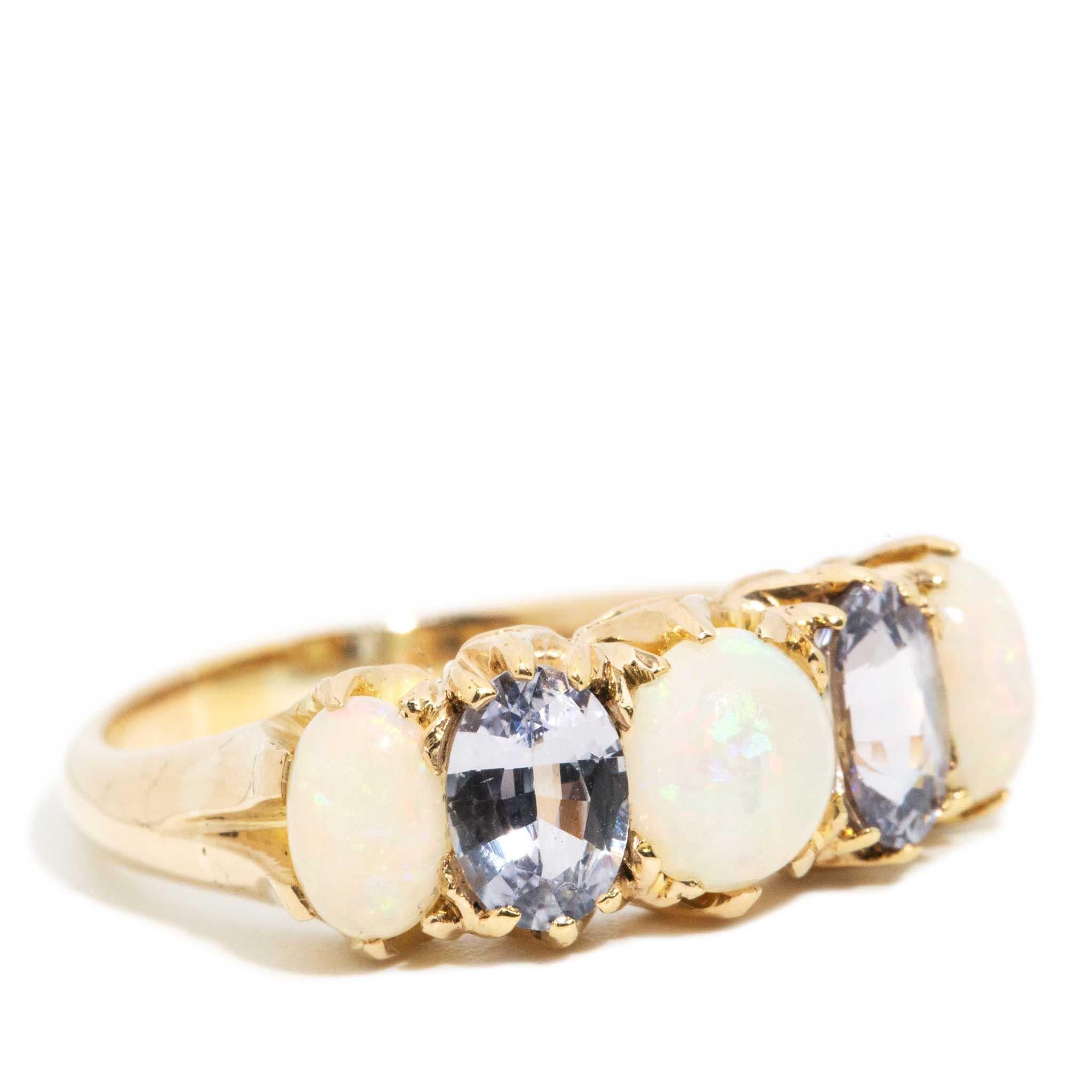 Modern Vintage Circa 1960s Solid Australian Opal & Sapphire Ring 18 Carat Gold