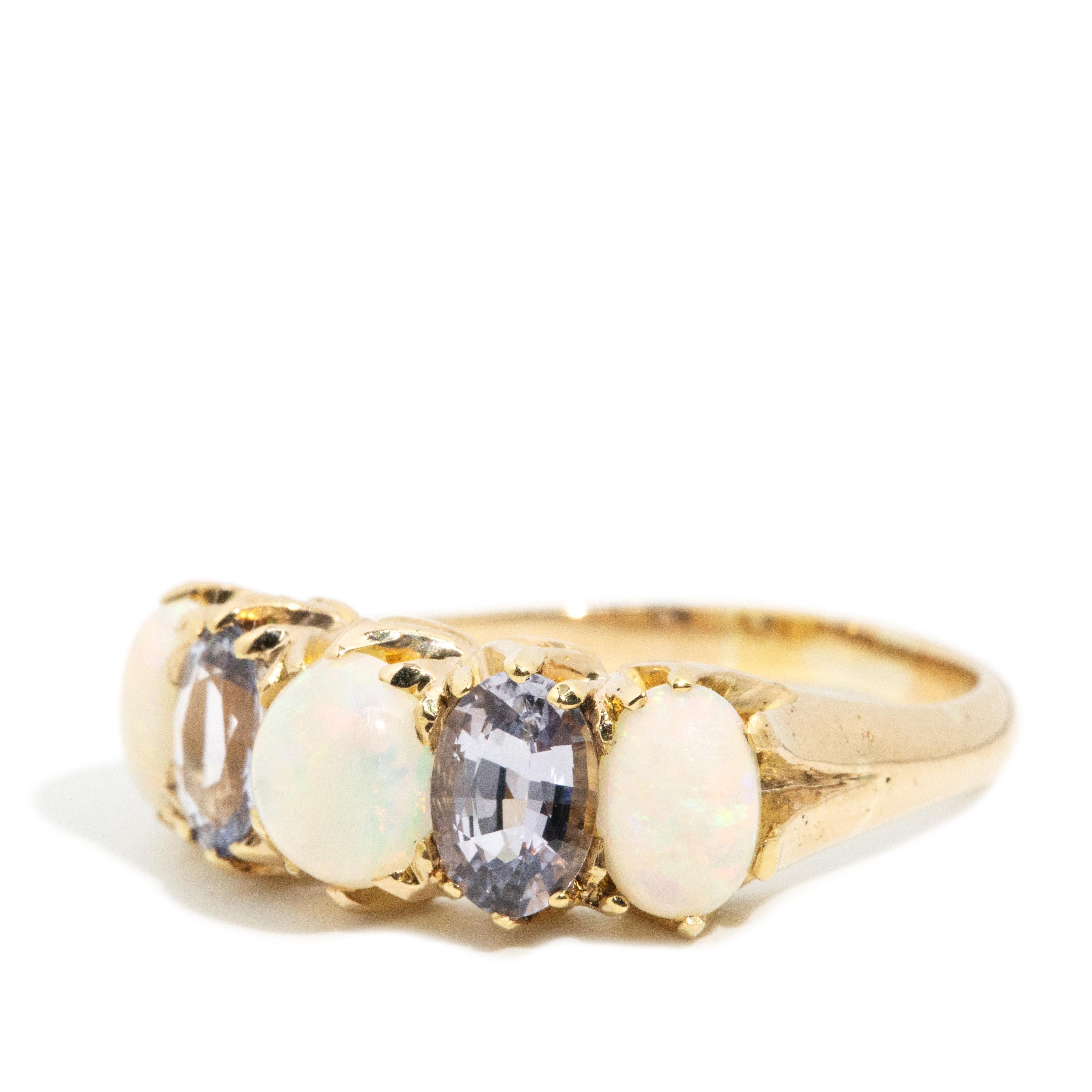 Oval Cut Vintage Circa 1960s Solid Australian Opal & Sapphire Ring 18 Carat Gold