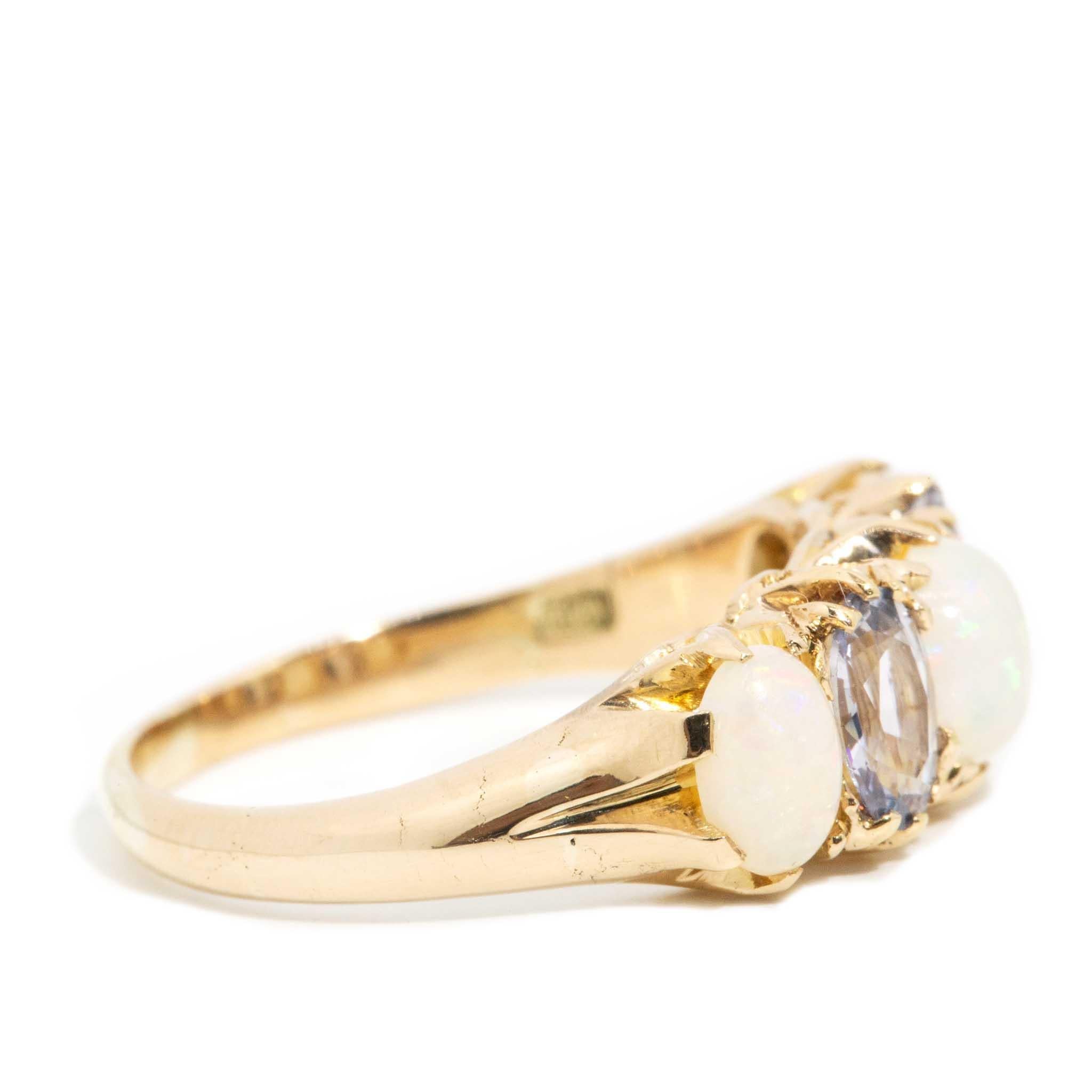 Women's Vintage Circa 1960s Solid Australian Opal & Sapphire Ring 18 Carat Gold