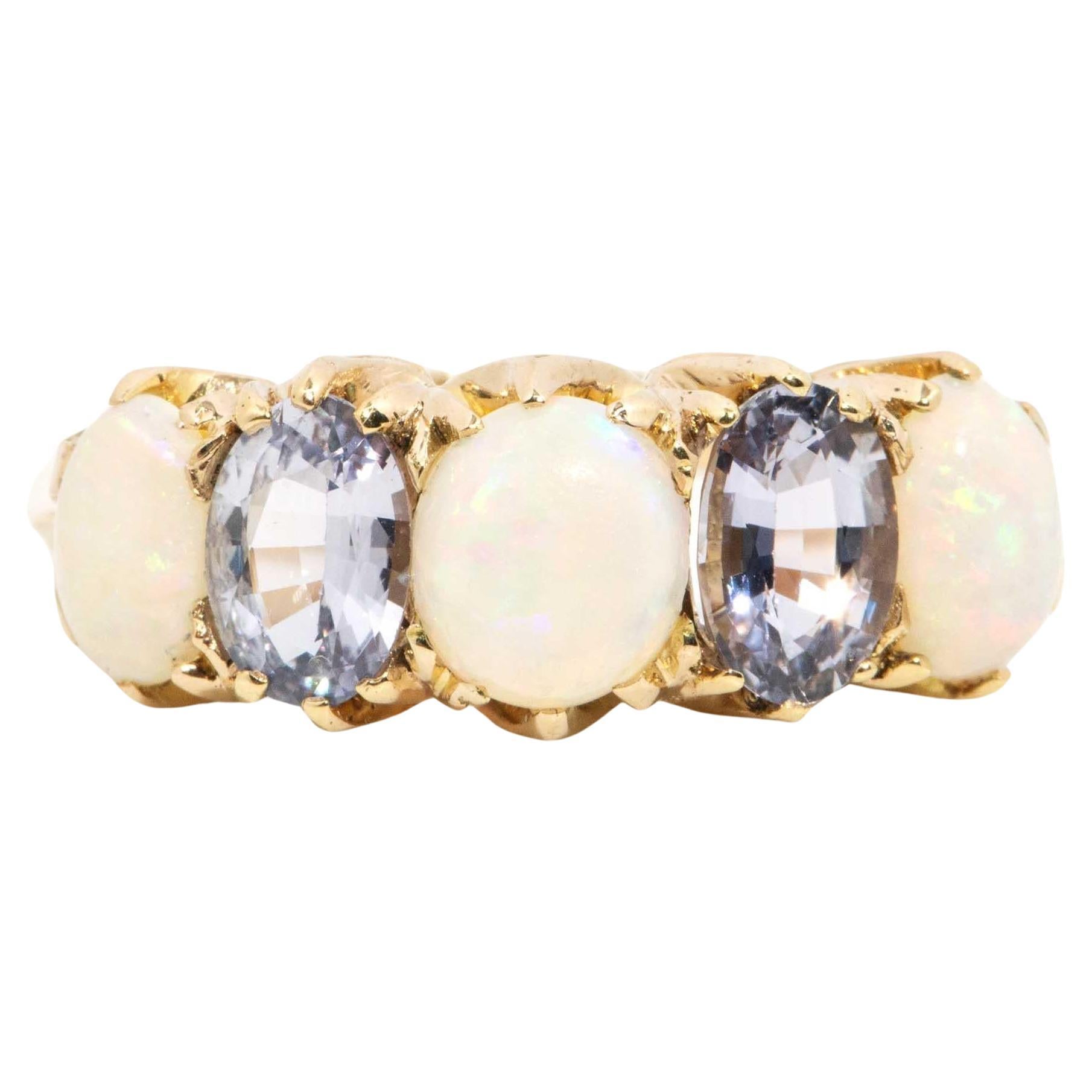 Vintage Circa 1960s Solid Australian Opal & Sapphire Ring 18 Carat Gold