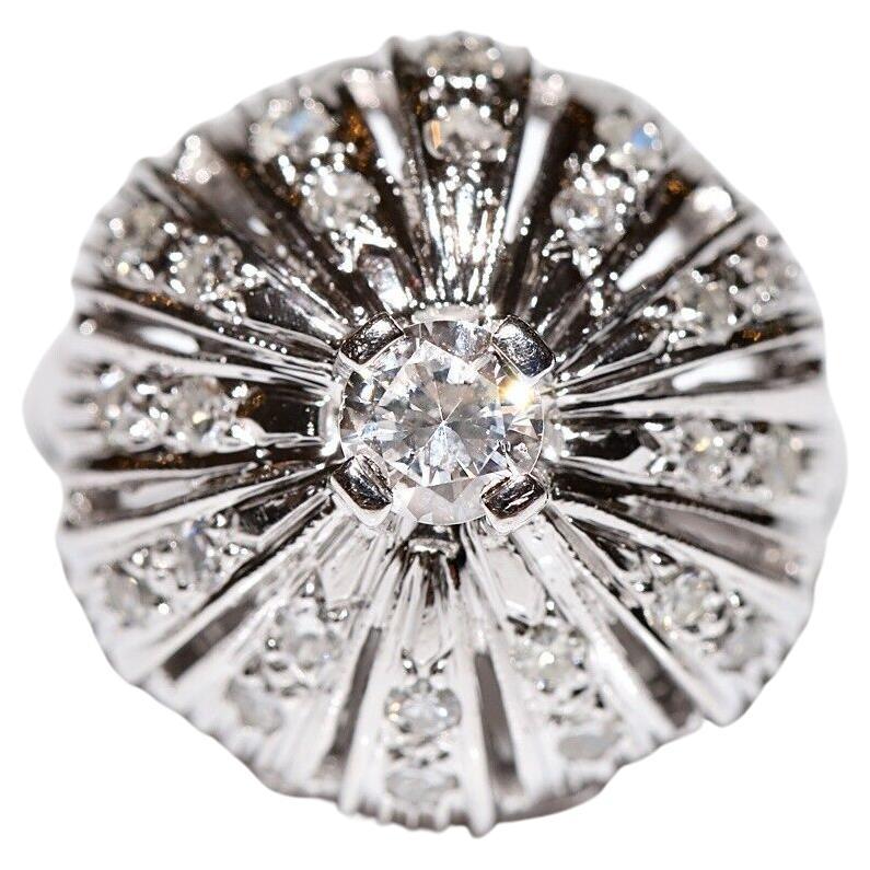 Vintage Circa 1970 14k White Gold Natural Diamond Decorated Ring For Sale