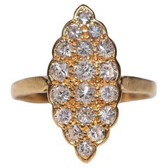 Vintage Circa 1970 20k Gold Natural Diamond Decorated Navette Ring