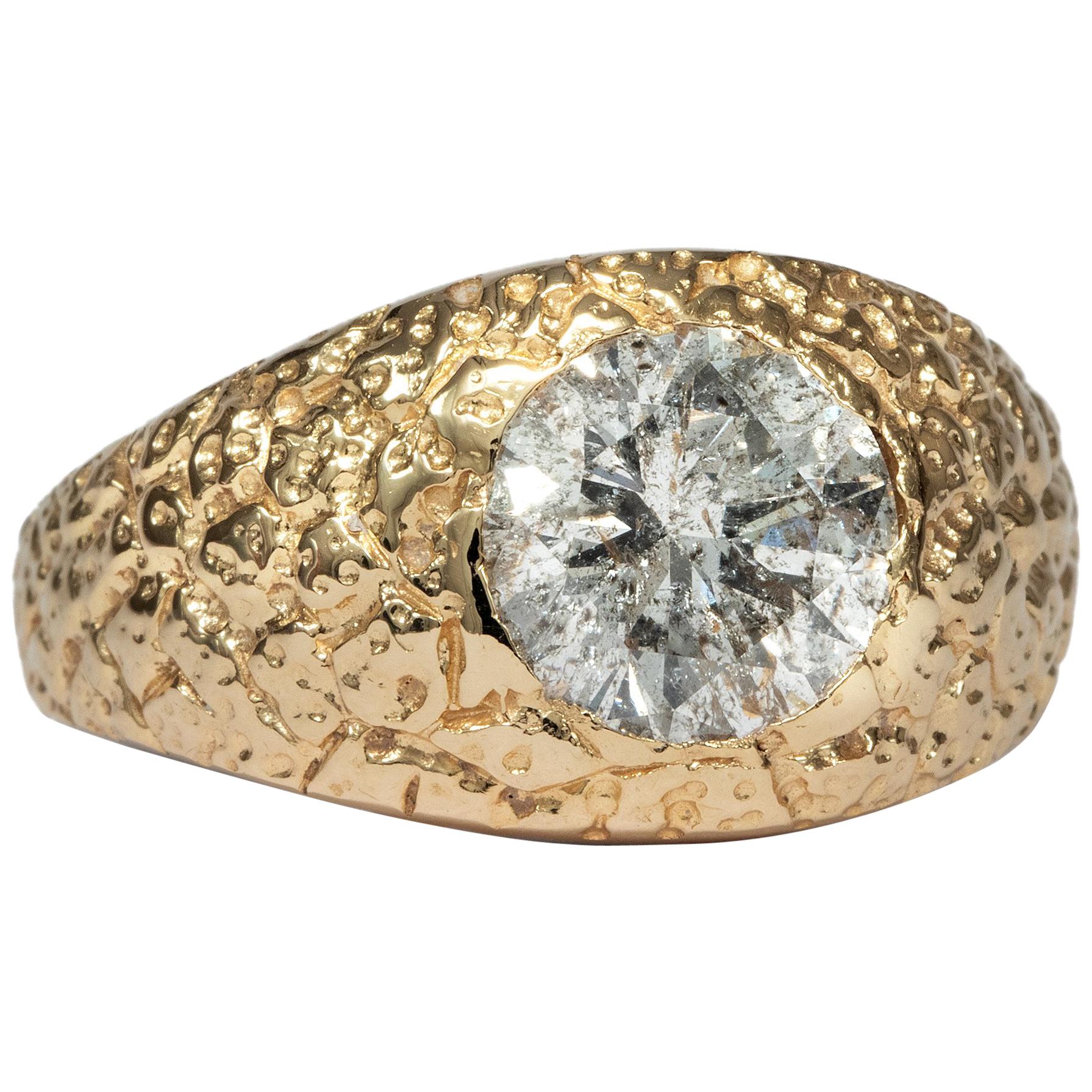Vintage circa 1970, 3.30 Carat Diamond Solitaire Yellow Gold Gentlemen's Ring For Sale