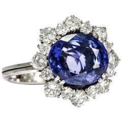 Vintage circa 1970, 4.30 Carat No Heat Blue Sapphire and Diamond Engagement Ring