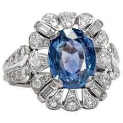 Retro circa 1970 5.8 Carat Blue Sapphire and Diamond Cocktail Cluster Ring