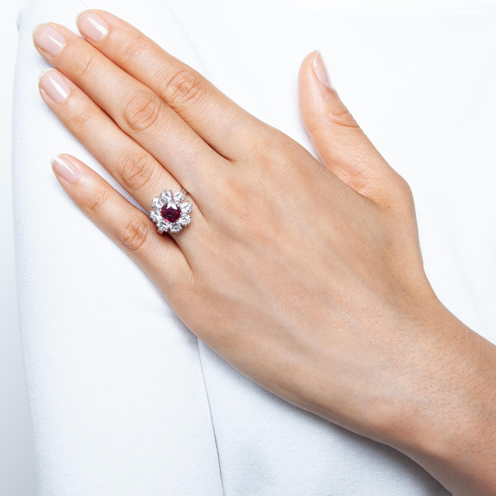 Vintage circa 1970 Certified 1.2 ct Ruby and 2 ct Diamond Entourage Cluster Ring 3