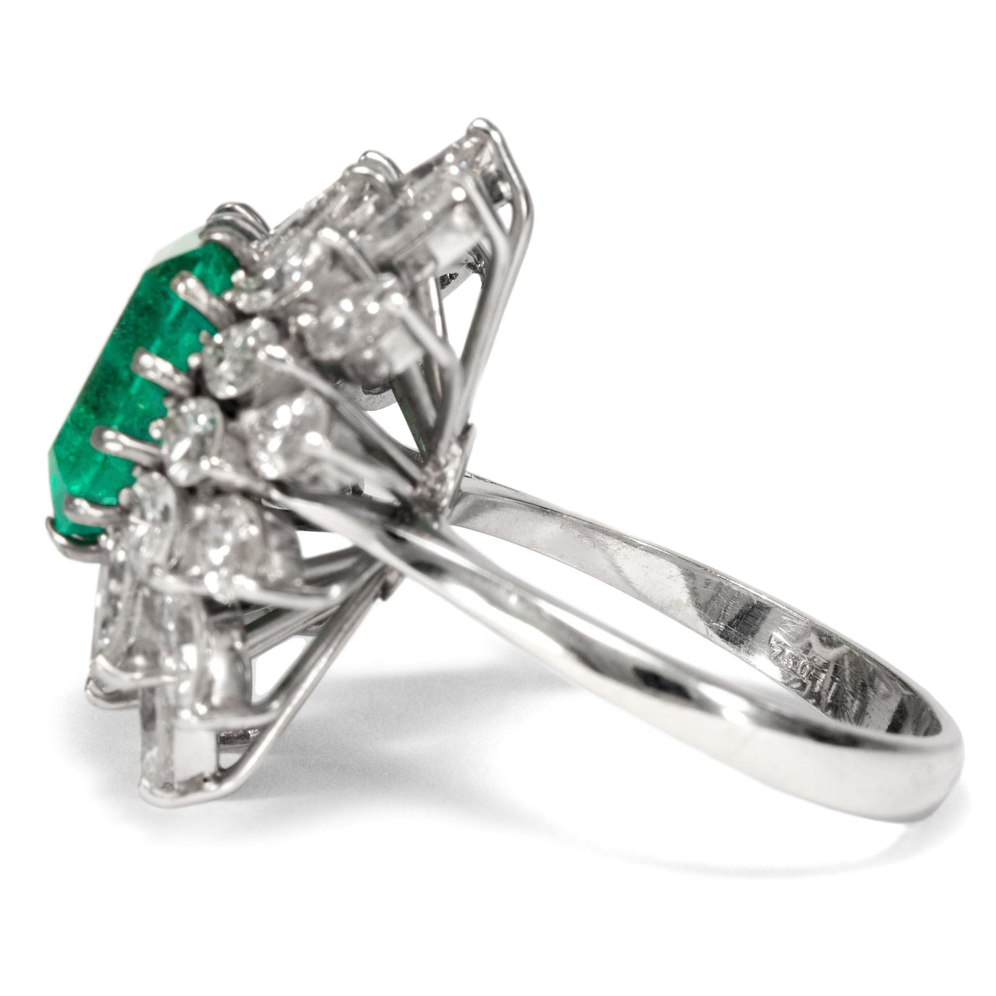 Emerald Cut Vintage circa 1970 Certified 3.62 Carat Emerald and 4.48 Ct Diamond Cluster Ring
