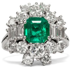 Vintage circa 1970, Certified Emerald Diamond White Gold Cocktail Cluster Ring