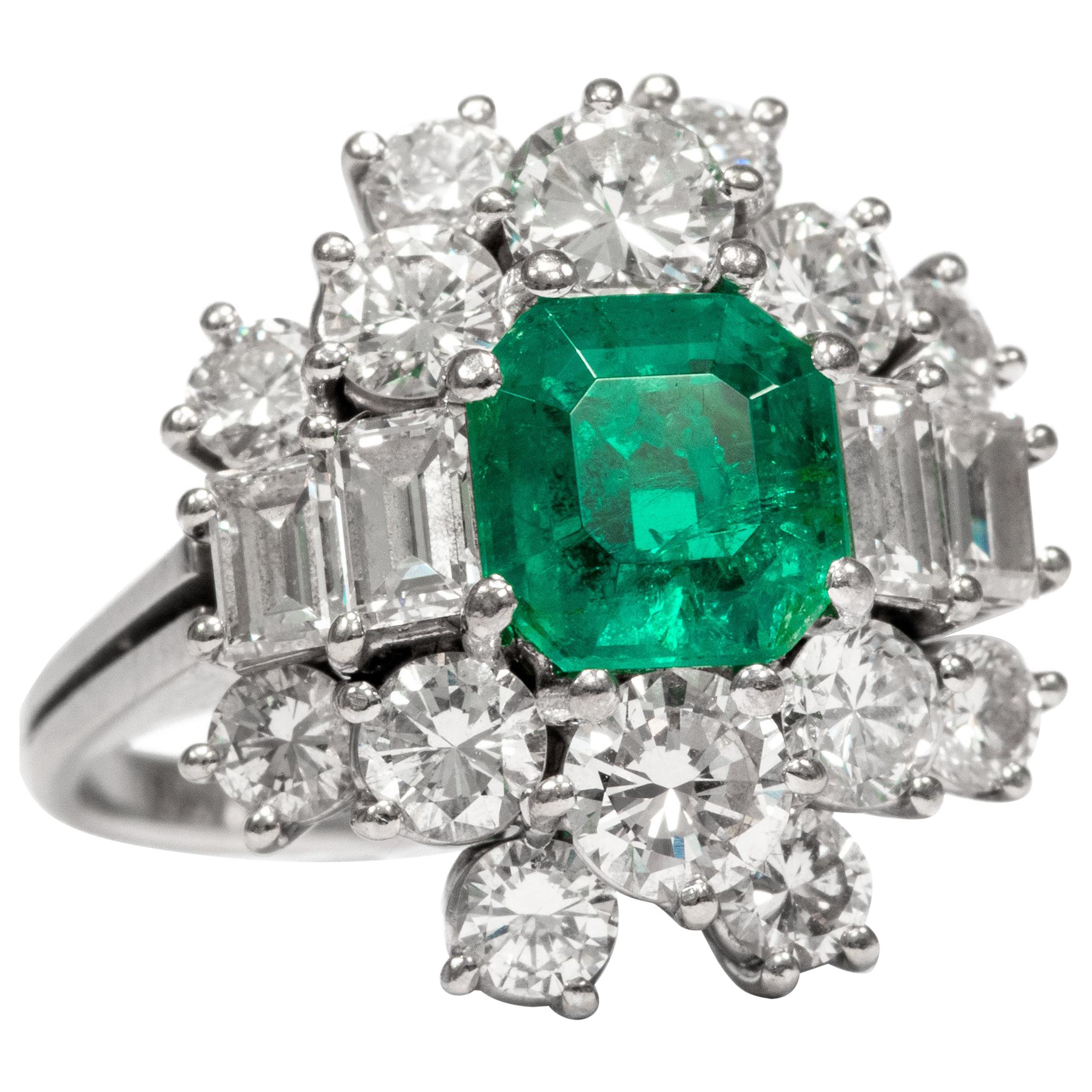 Vintage circa 1970, Certified Emerald Diamond White Gold Cocktail Cluster Ring For Sale
