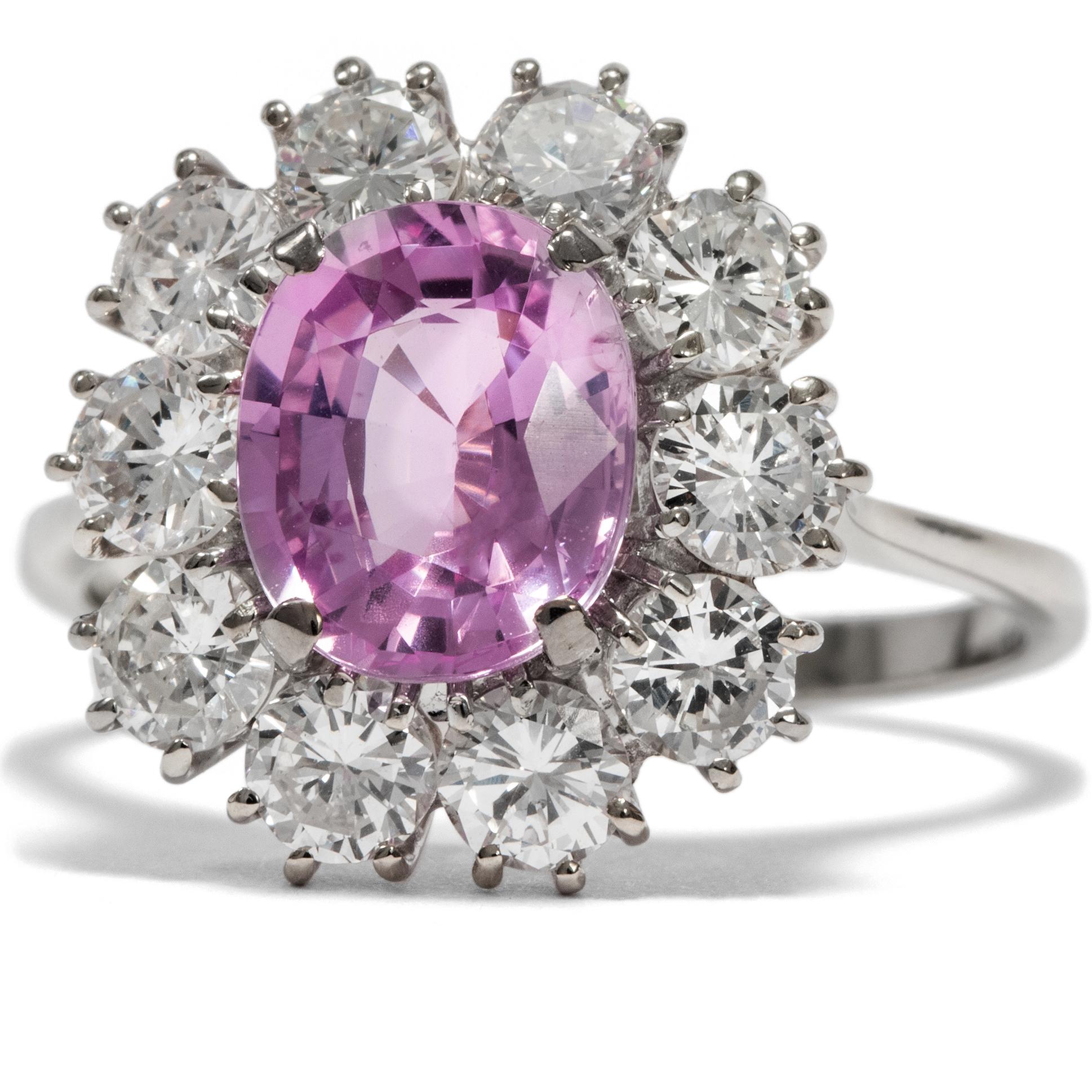 Retro Vintage circa 1970 Certified No Heat 2.81 Carat Pink Sapphire Cluster Ring For Sale