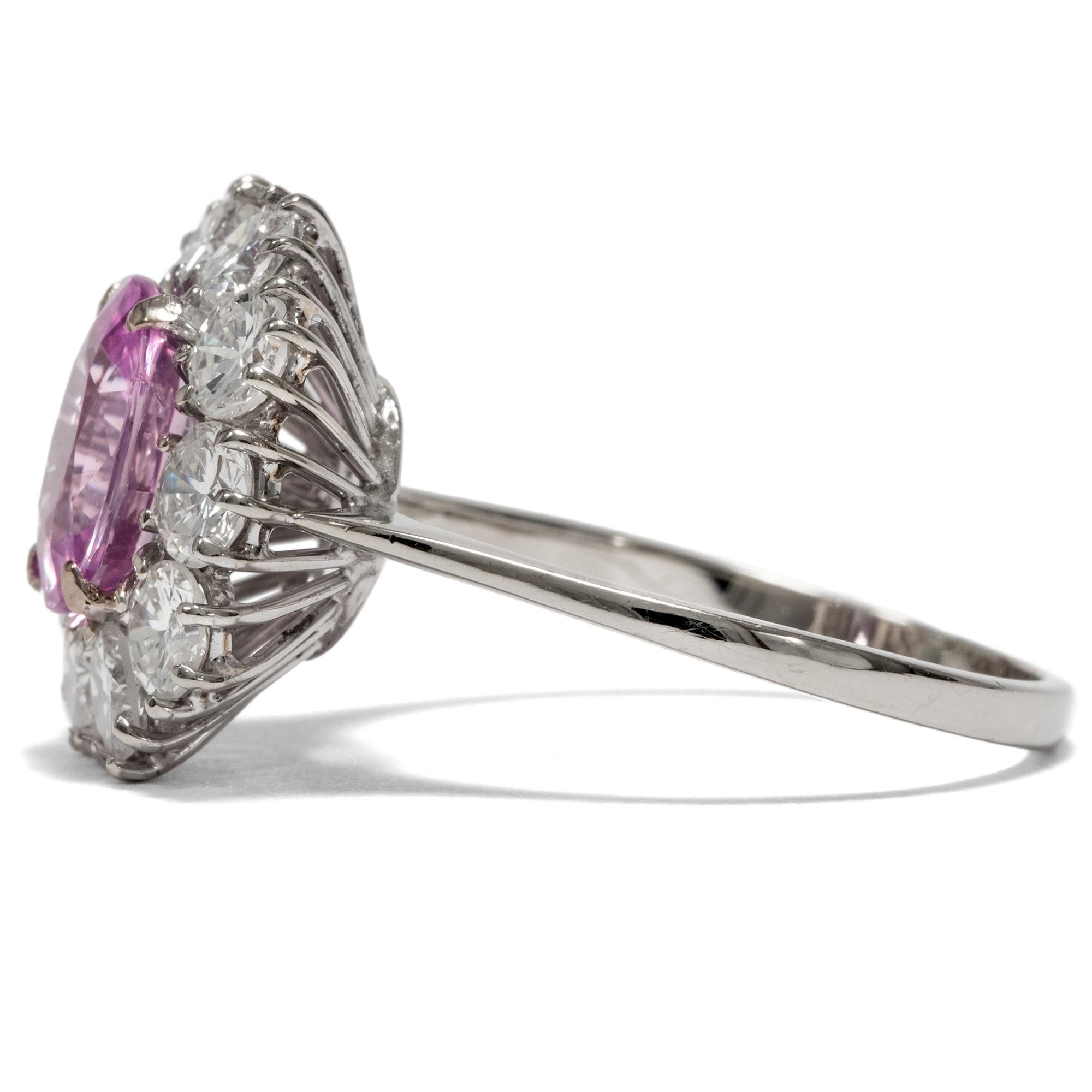 Oval Cut Vintage circa 1970 Certified No Heat 2.81 Carat Pink Sapphire Cluster Ring For Sale