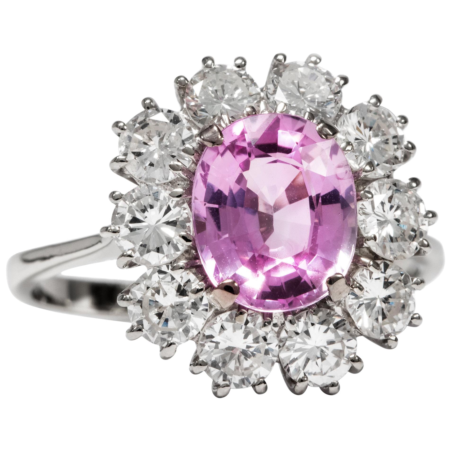 Vintage circa 1970 Certified No Heat 2.81 Carat Pink Sapphire Cluster Ring For Sale