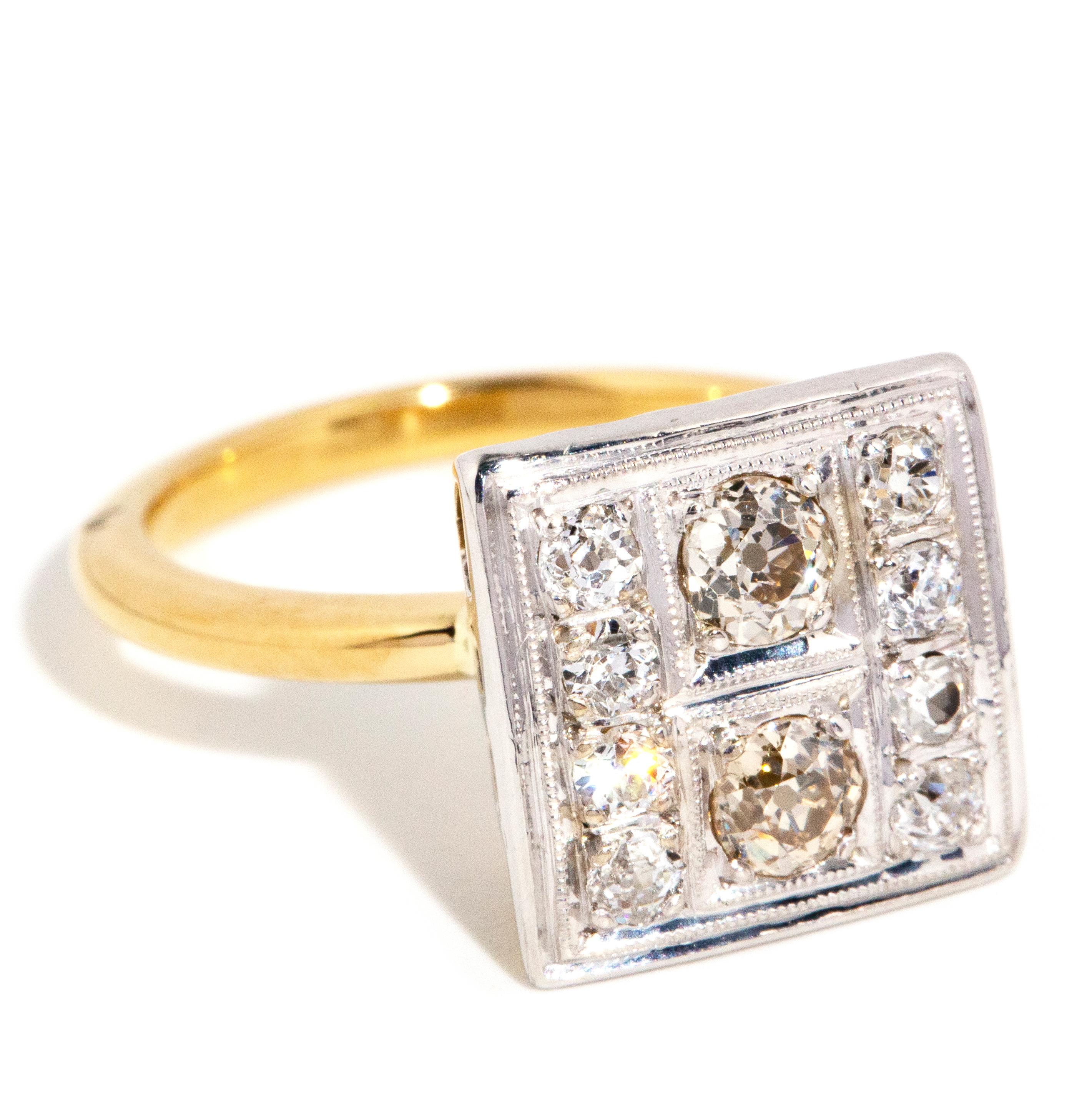 Quadratischer Diamantring aus 18 Karat Gelbgold mit 0,67 Karat im Altschliff, Vintage, ca. 1970er Jahre (Moderne)
