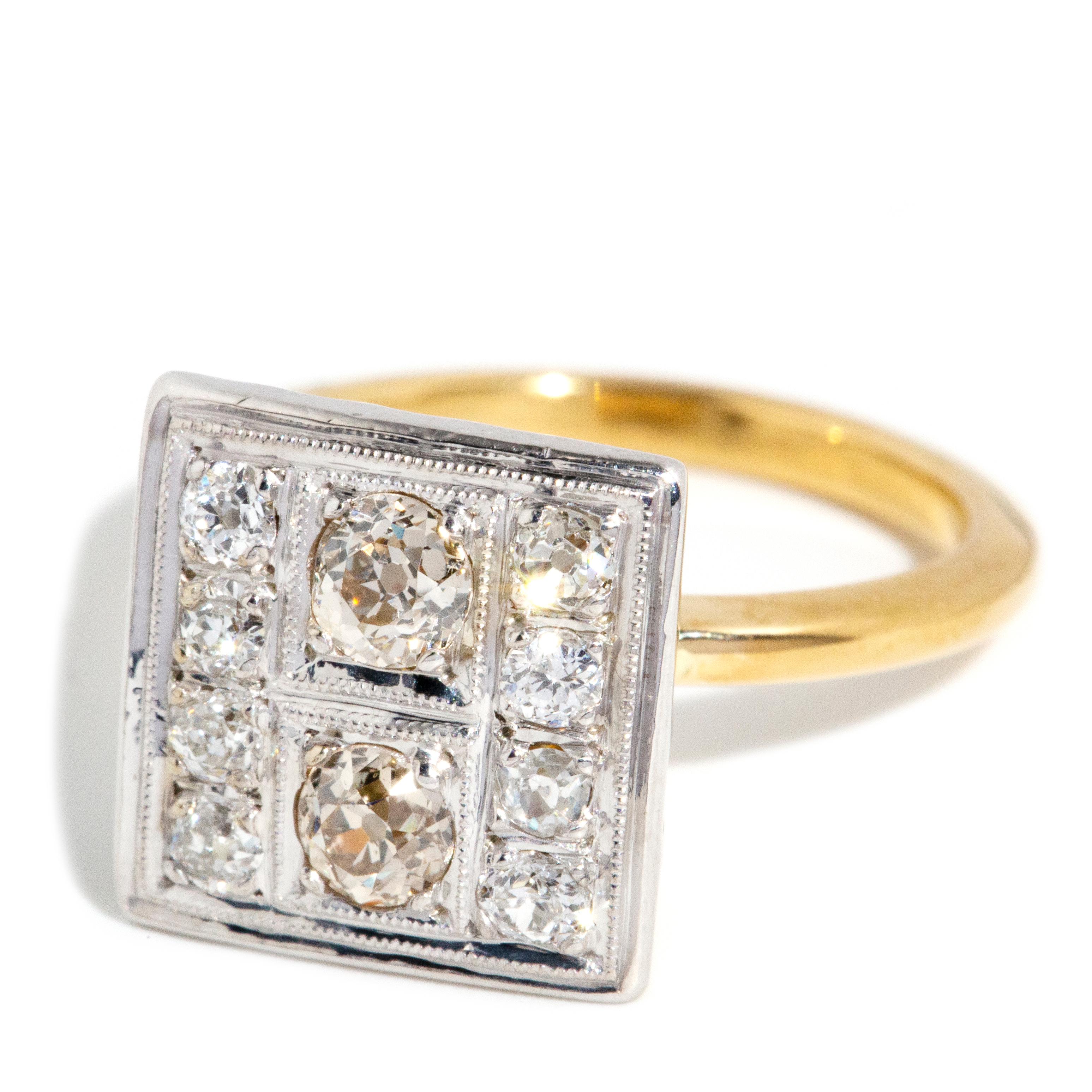 Quadratischer Diamantring aus 18 Karat Gelbgold mit 0,67 Karat im Altschliff, Vintage, ca. 1970er Jahre im Zustand „Gut“ in Hamilton, AU