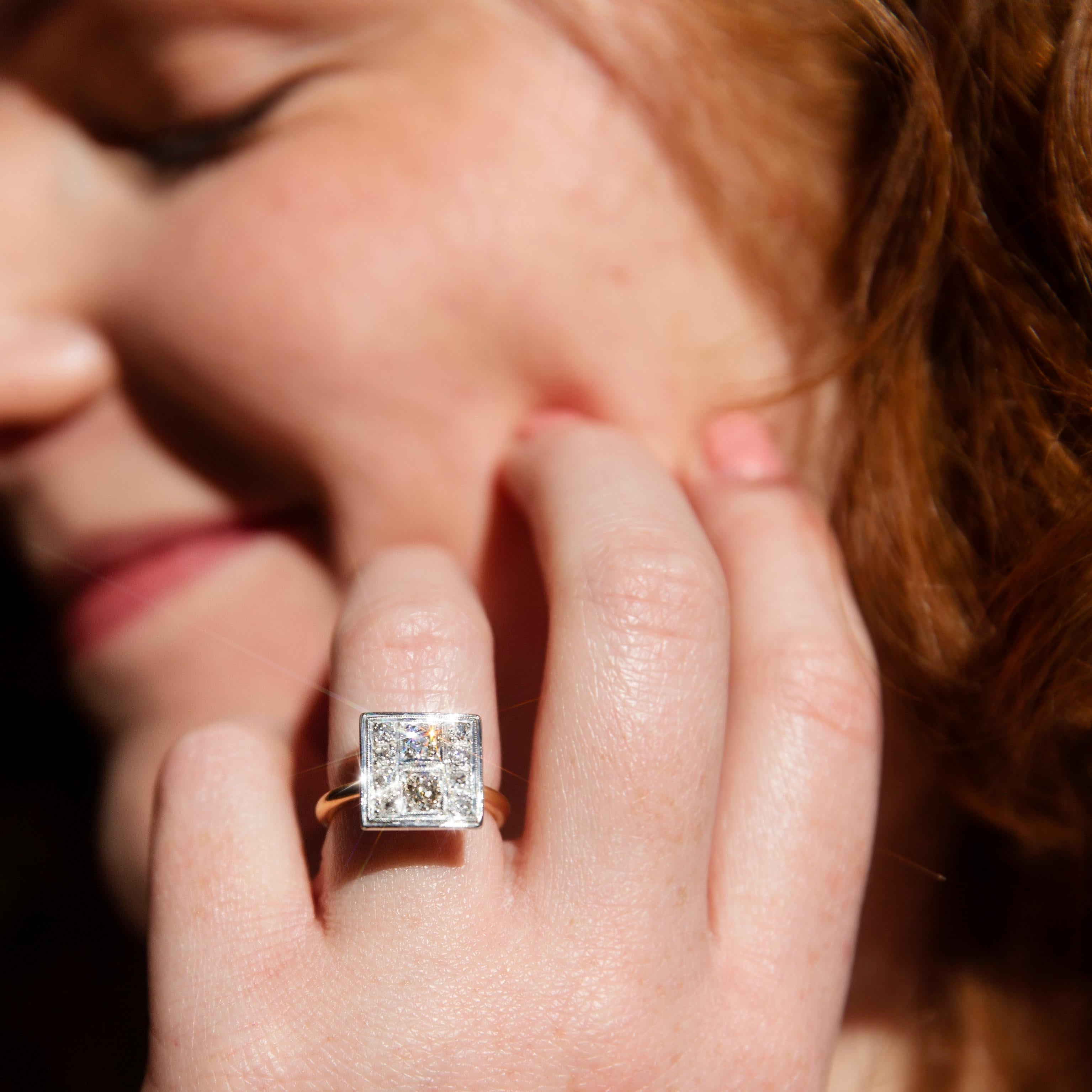 Quadratischer Diamantring aus 18 Karat Gelbgold mit 0,67 Karat im Altschliff, Vintage, ca. 1970er Jahre Damen
