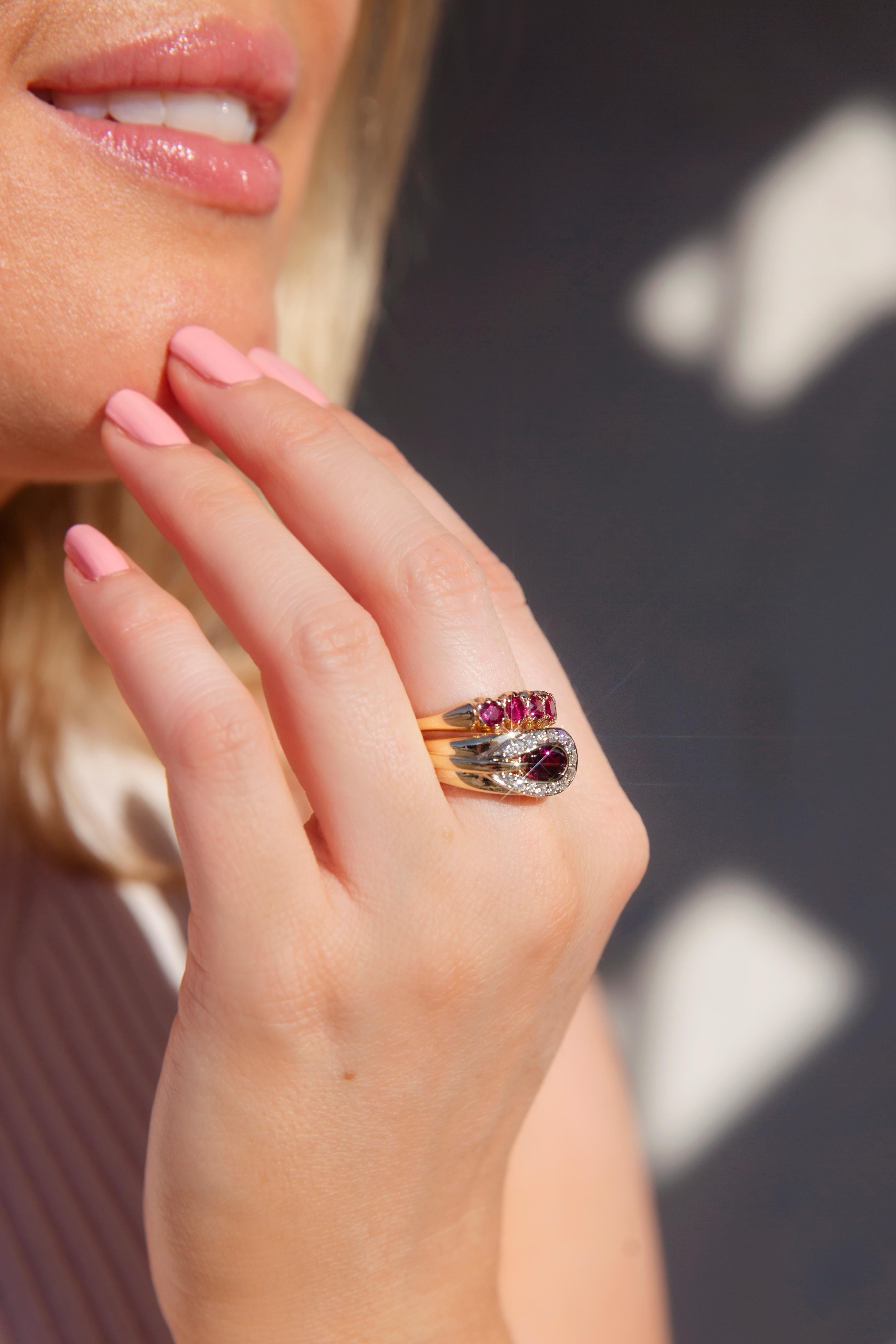 Lovingly crafted in 9 carat gold, The Lisa Ring, with her crimson natural rubies across a London Bridge setting, is a beautiful vintage jewel. Symbolising passion, she is a perfect gift for your beloved.

The Lisa Ring Gem Details
The faceted round