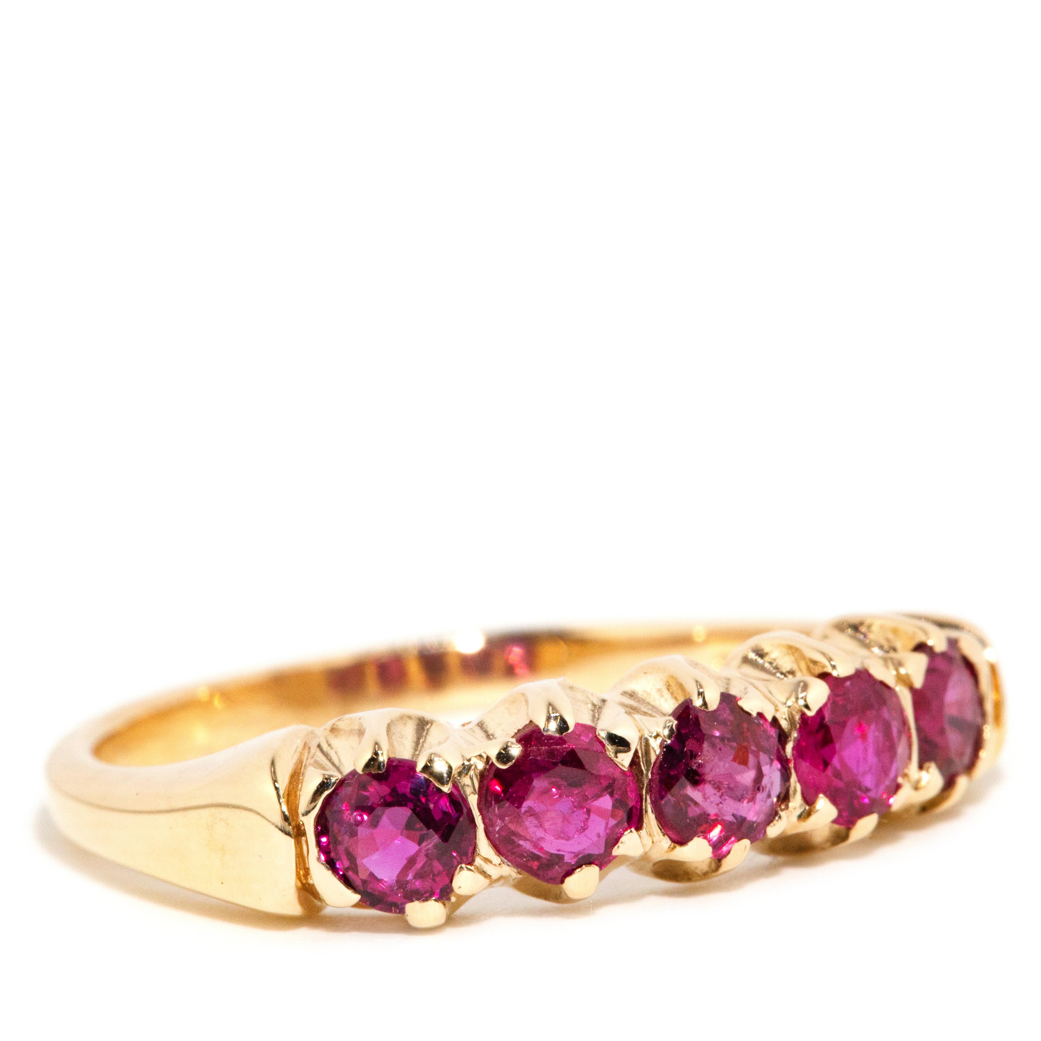 Modern Vintage Circa 1970s 1.00 Carat Natural Ruby Five Stone Ring 9 Carat Yellow Gold For Sale