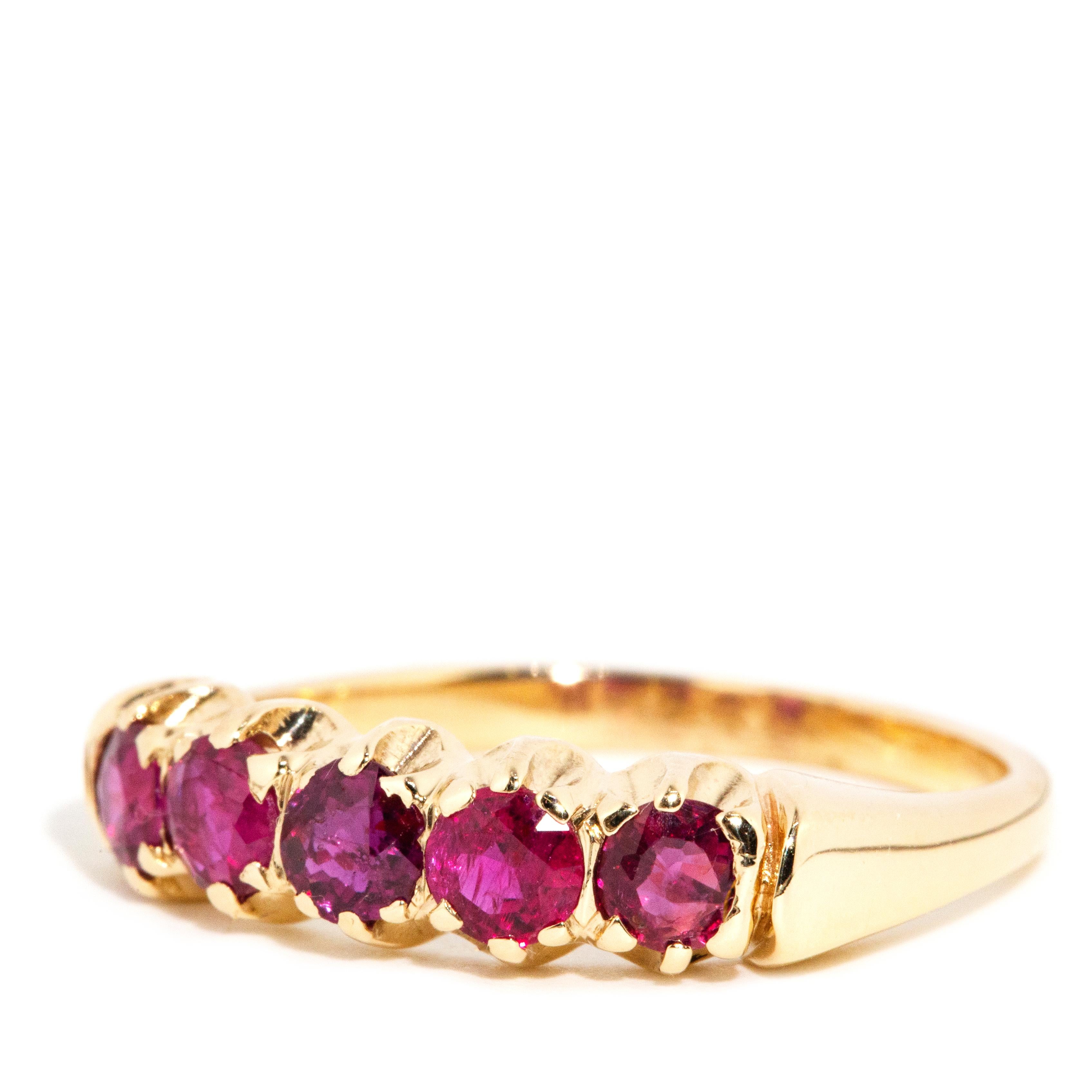 Vintage Circa 1970s 1.00 Carat Natural Ruby Five Stone Ring 9 Carat Yellow Gold In Good Condition For Sale In Hamilton, AU