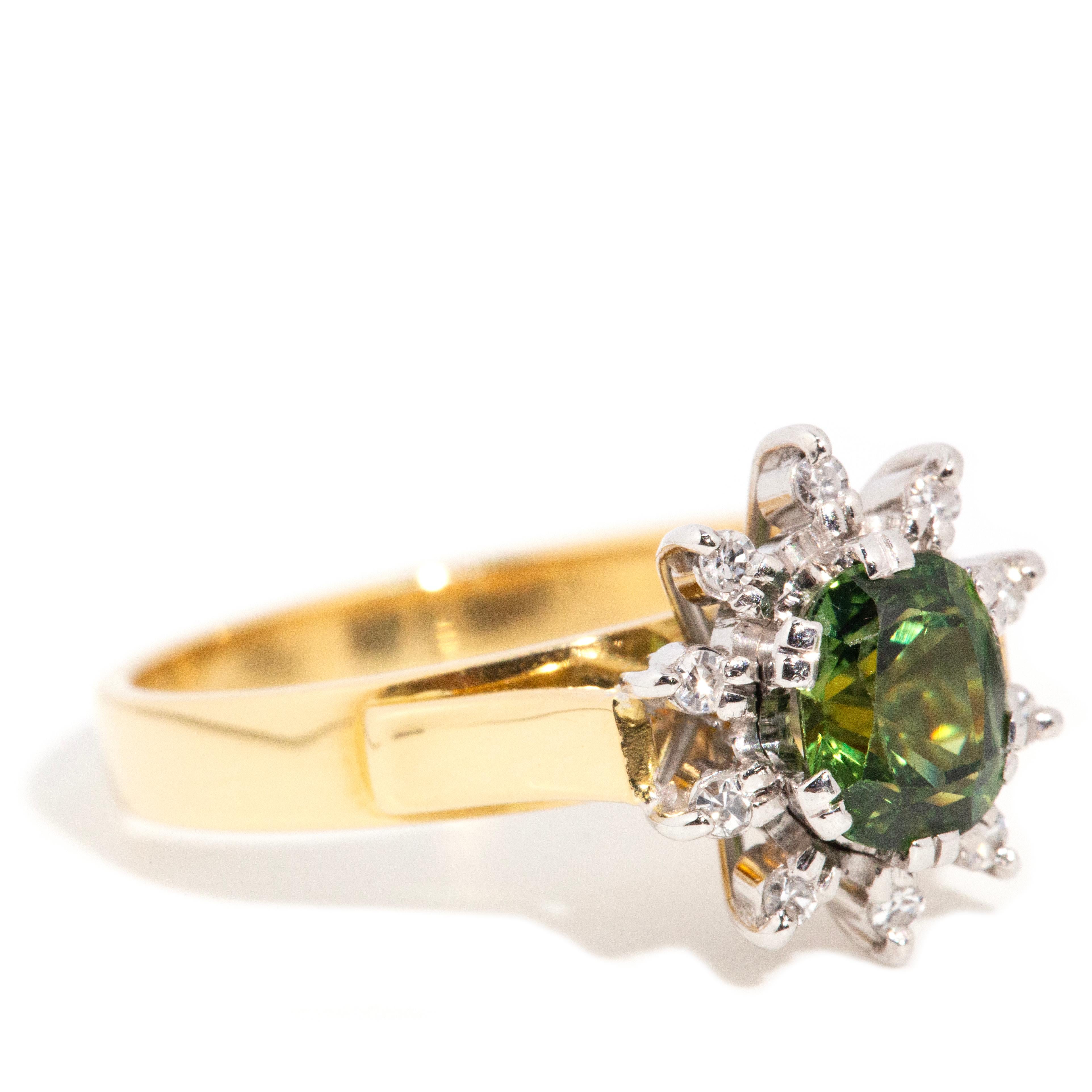 Modern Vintage Circa 1970s 1.05 Carat Oval Green Sapphire & Diamond Ring 18 Carat Gold For Sale